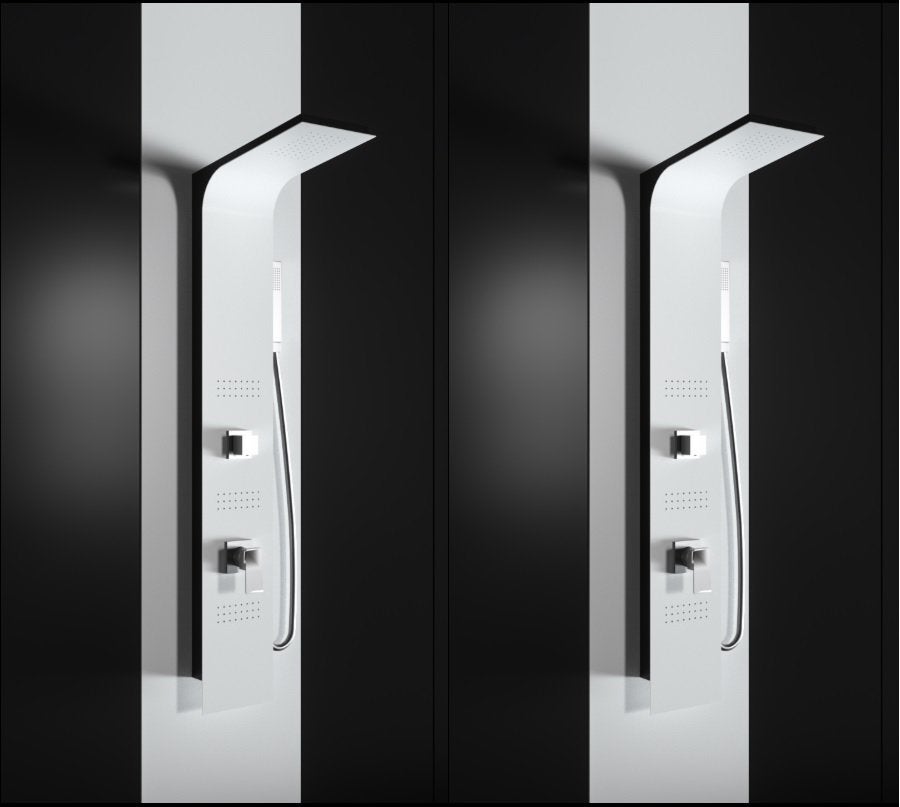 Panel prysznicowy z hydromasażem z malowanego proszkowo aluminium w matowym białym wykończeniu (przód) i matowej czerni (bok)