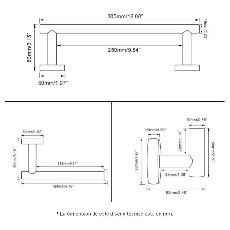 Valaz Accessori bagno in acciaio spazzolato Portasciugamani 30cm + Appendino + Porta carta igienica - 1 Appendino - 2
