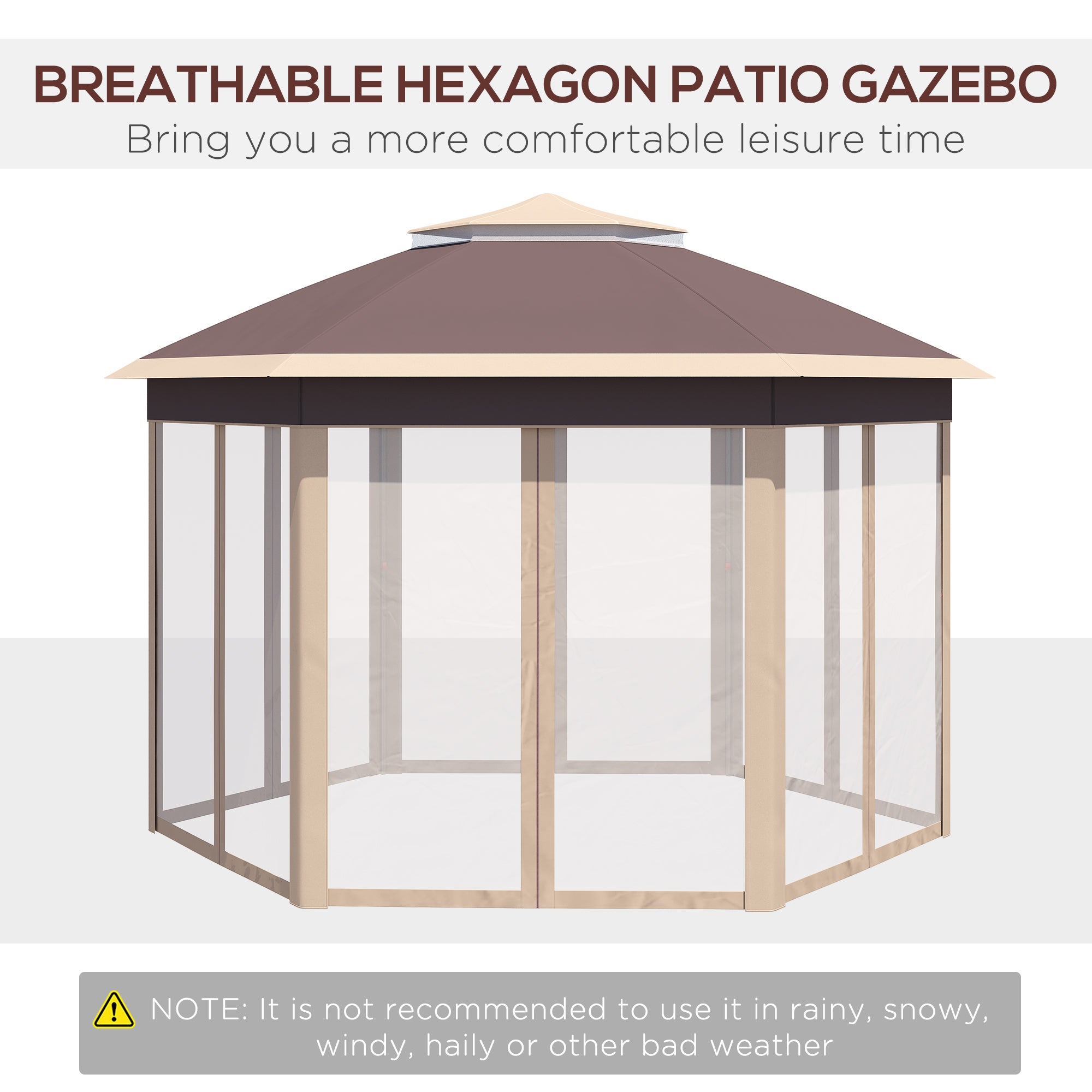 Pavillon Hexagonal 4x4m Imperméable UV - Double Toit, Structure Métal, Sac de Transport Beige/Khaki - 4