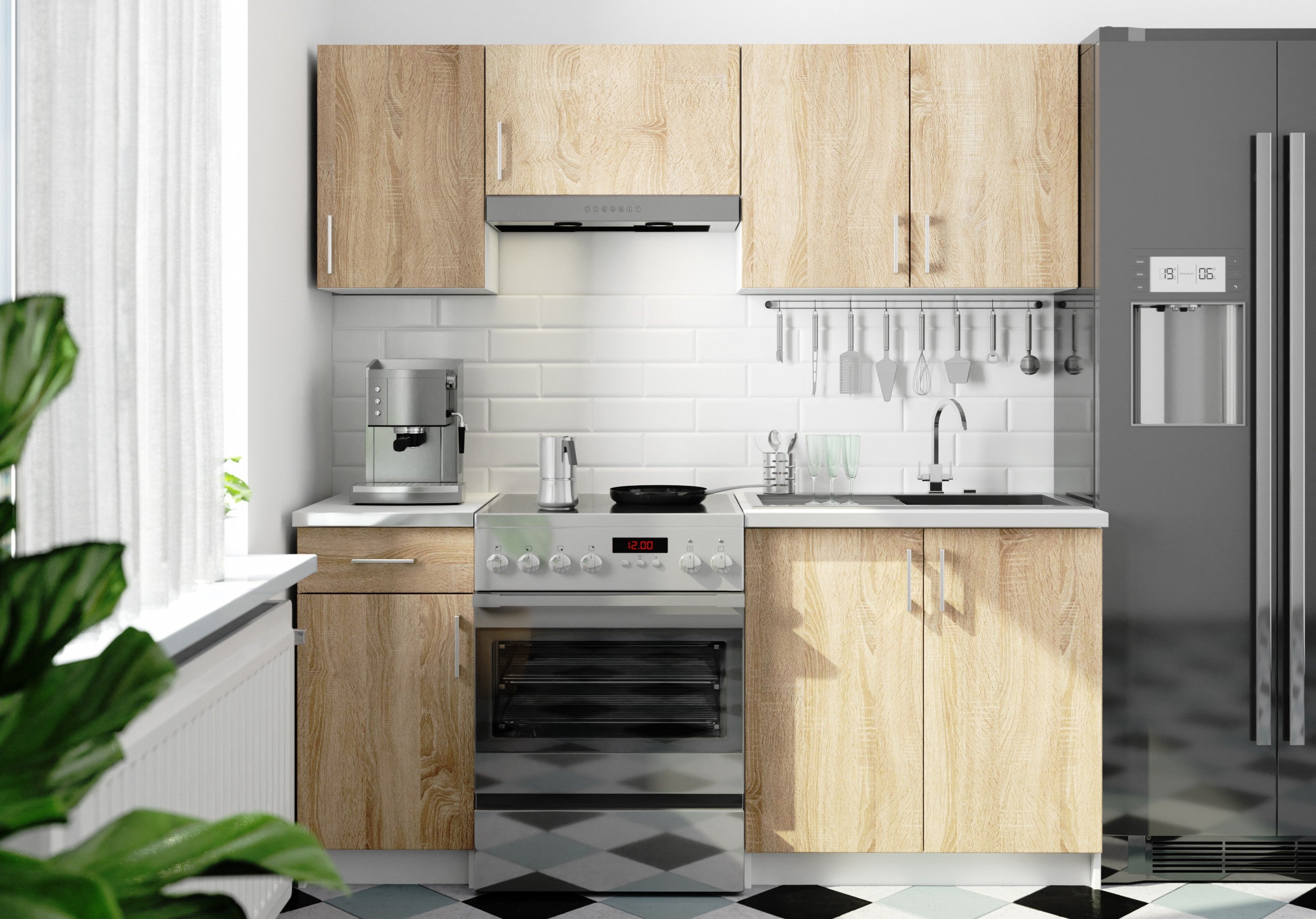 Ensemble De Cuisine AKORD LIMA Blanc 180 cm 7 portes 1 tiroir façade Chêne Sonoma 8 étagères 180x44,5x203 cm - 4