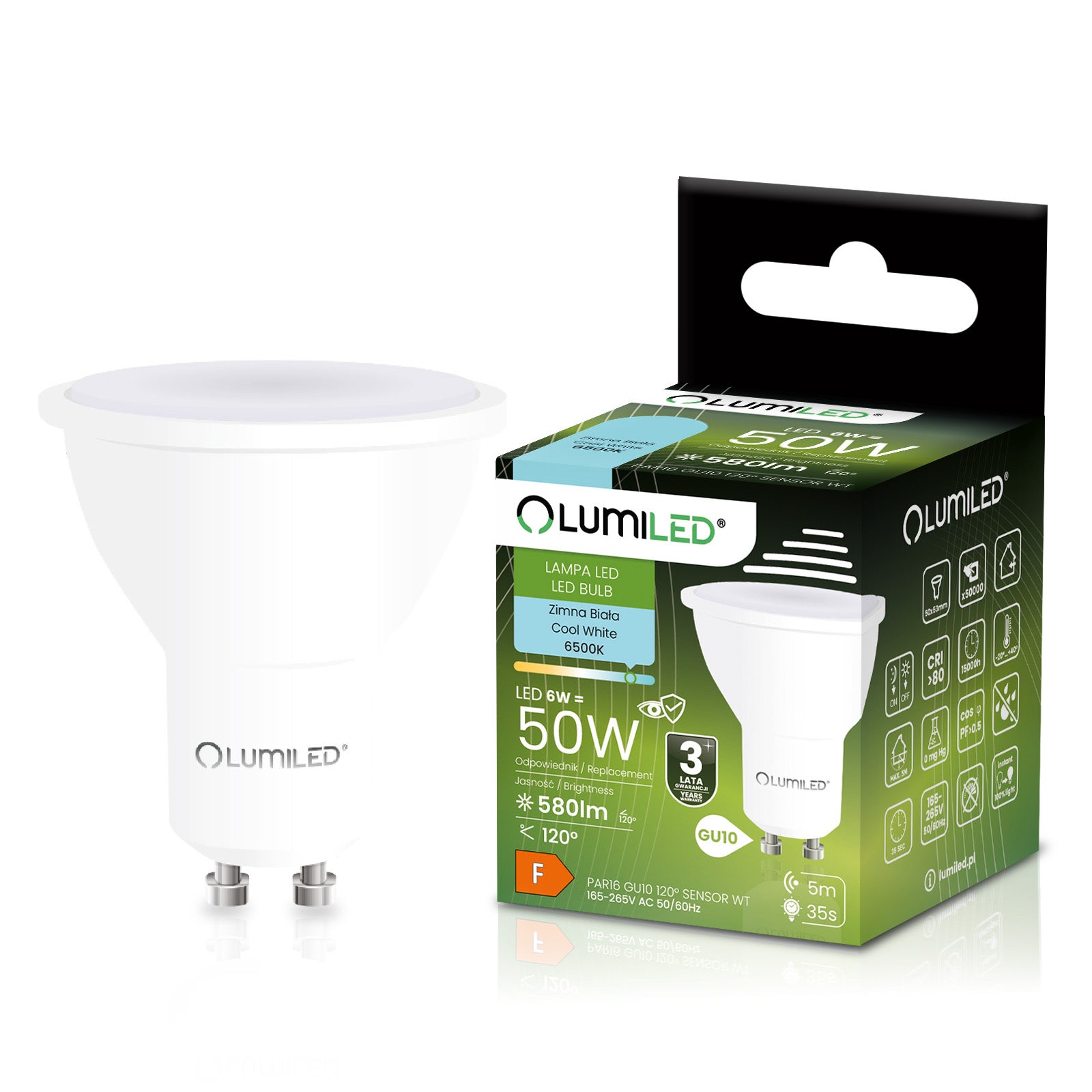 Żarówka LED Lumiled GU10 Reflektor PAR16 6W 580lm 6500K Zimna biel 120st z Czujnikiem Ruchu i Zmierzchu 1 szt.