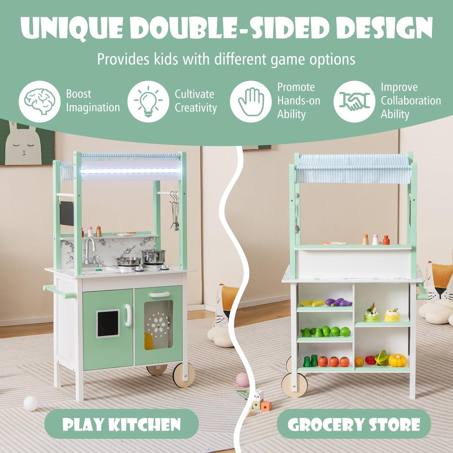 Cucina e Negozio per Bambini 2 in 1, Cucina Giocattolo a Doppia Faccia per Bambini in Legno, con Telecomando e LED, Ruote, 17 Accessori, per B - 3