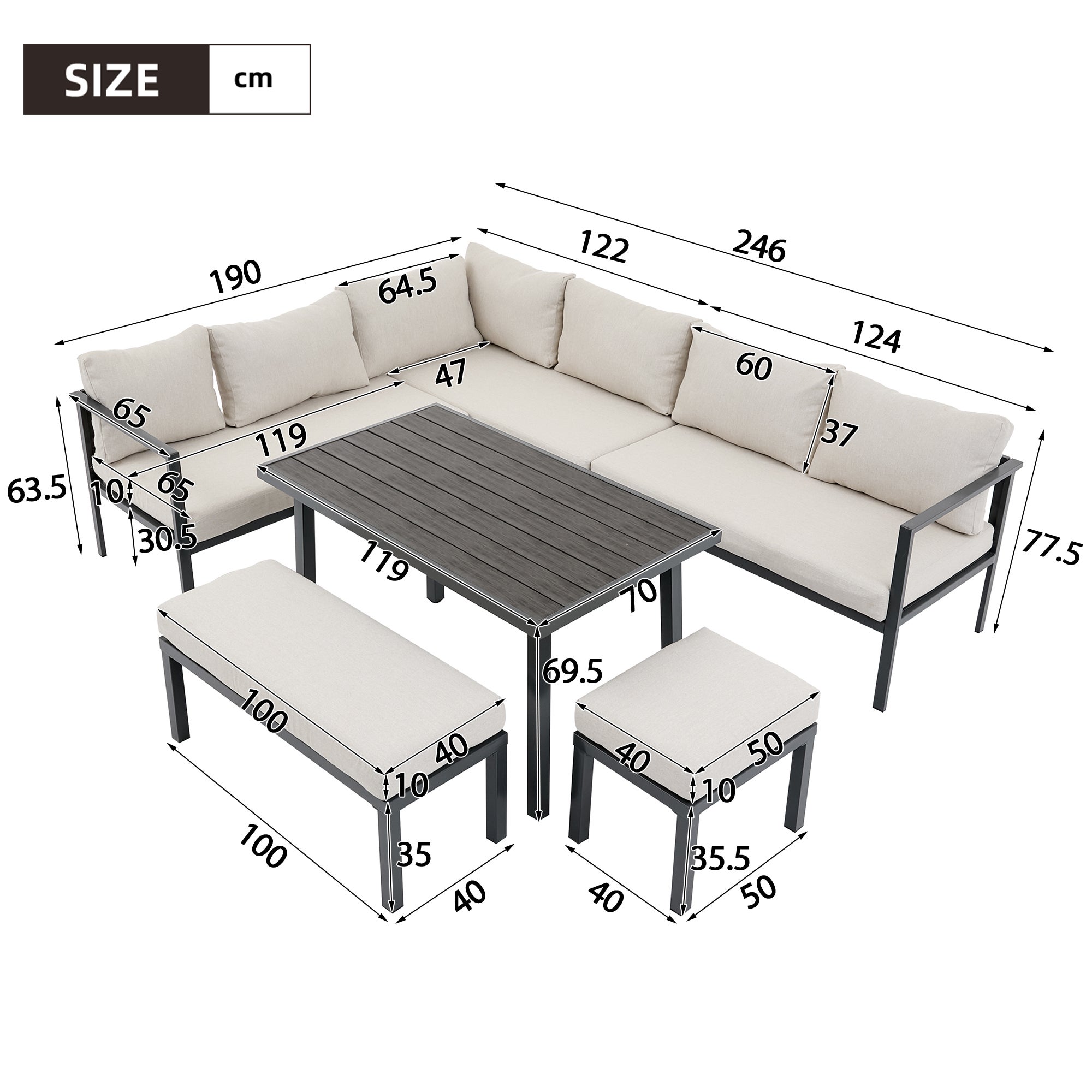 Salon de Jardin 8 Places - Canapé 6 Places + Banquette + Fauteuil + Table WPC - Structure Acier Galvanisé - beige - 4
