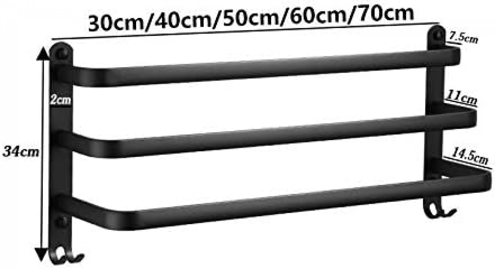 Porte Serviettes Salle de Bains, Noir Barres Porte Serviettes Mural Adhesif pour Douche, Étanche Barres Porte avec Crochet (60cm, Three Bars) - 2