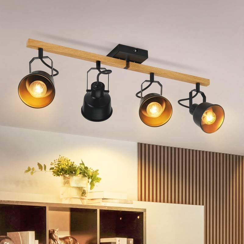 NETTLIFE Reflektorowa sufitowy 4 płomienie Regulowany 350° Vintage E14 Wysokiej jakości design w drewnie o usłojeniu