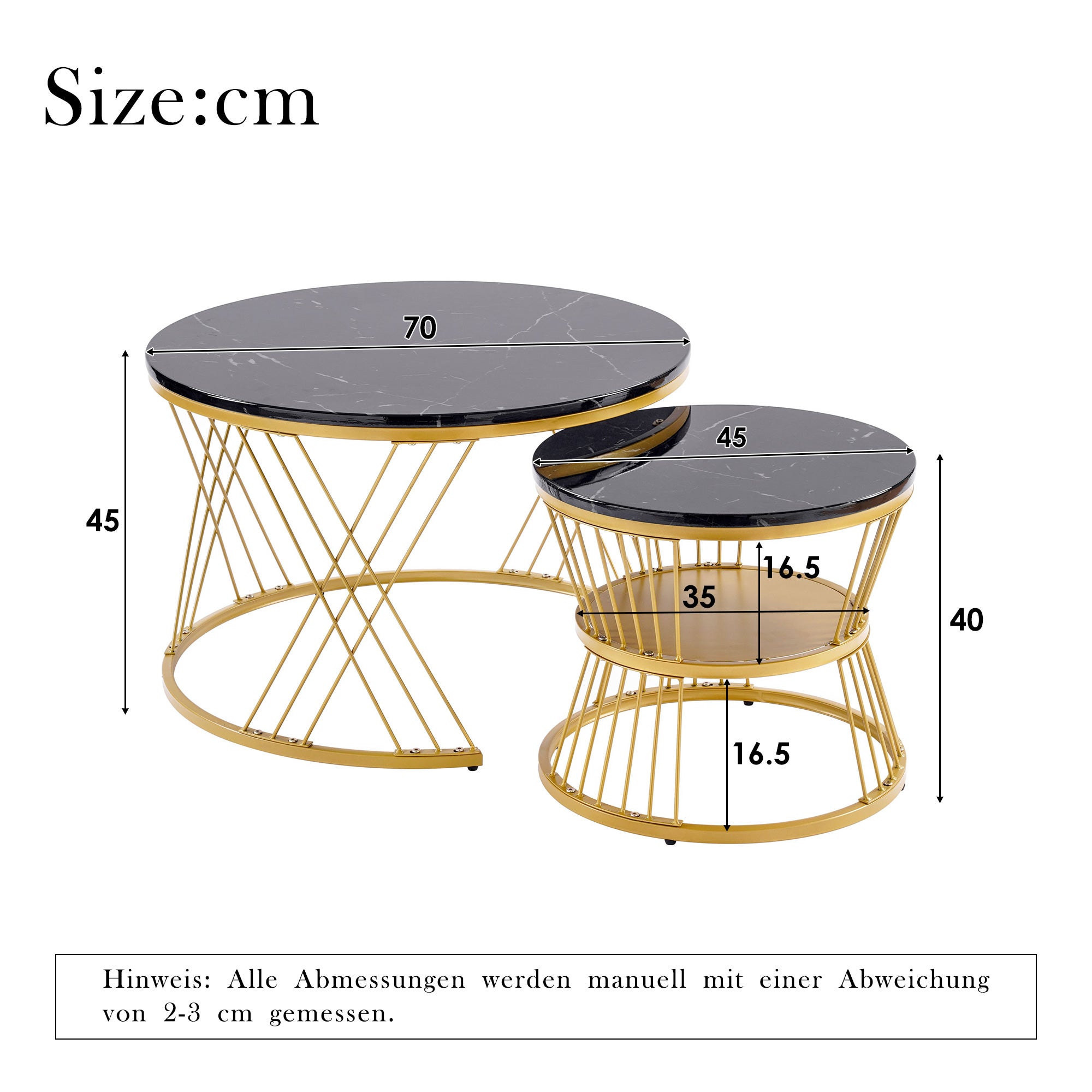 Zestaw 2 składanych stolików kawowych - 70 x 45 cm + 45 x 40 cm - MDF i złote metalowe nogi - Wzór marmurowy - Czarny - 9