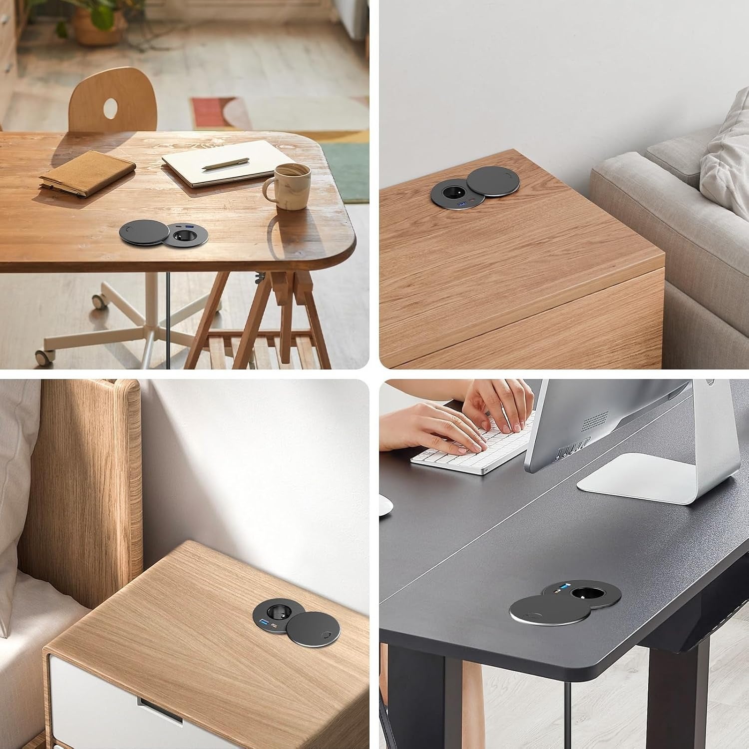 Prise encastrée avec USB-C PD 20 W, multiprise rétractable avec couvercle, ports USB A et C, câble de 1.5 m, prise de bureau noire - 5