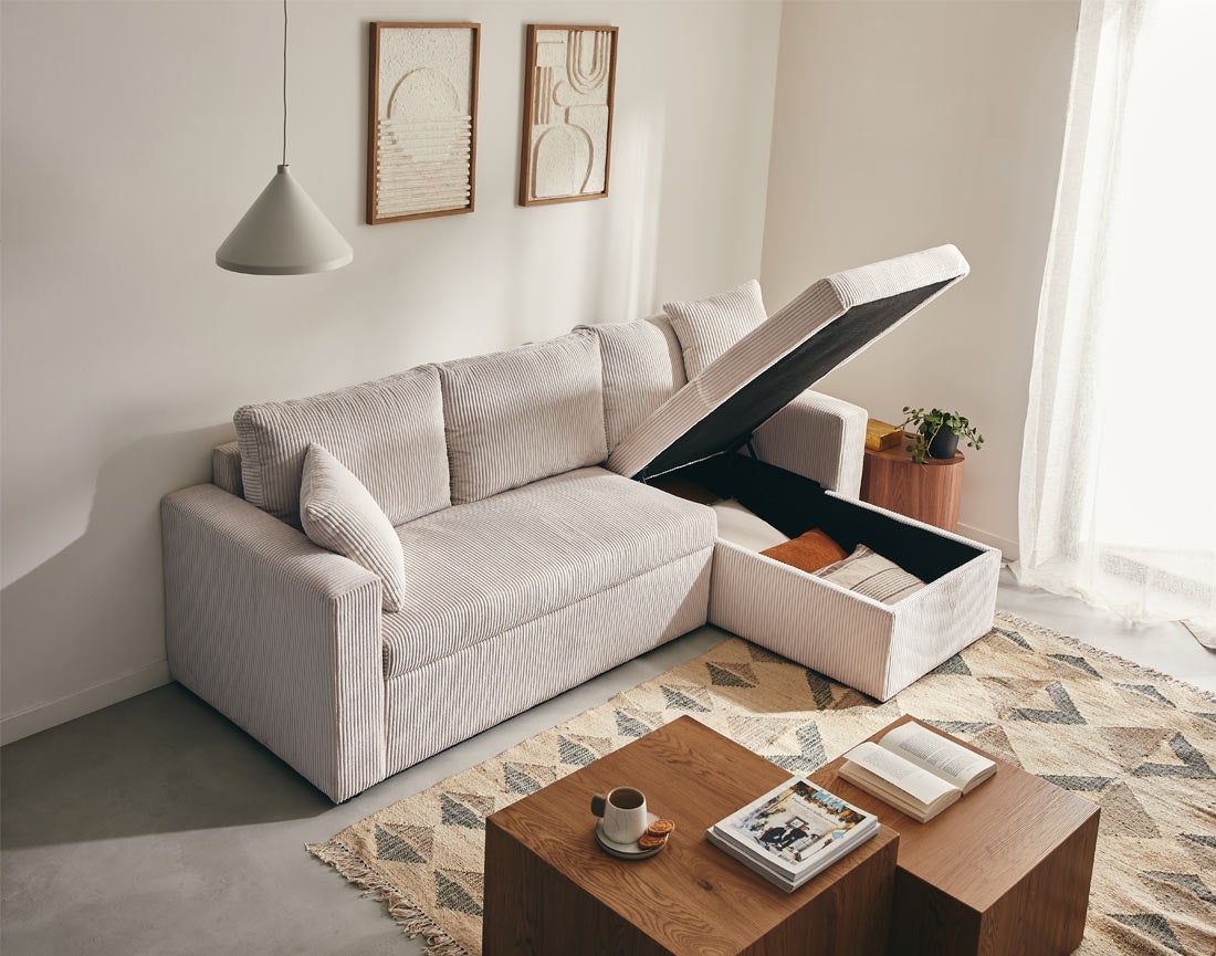 Canapé d'angle convertible 4 places en velours côtelé beige - CYRUS - Best Mobilier - 4