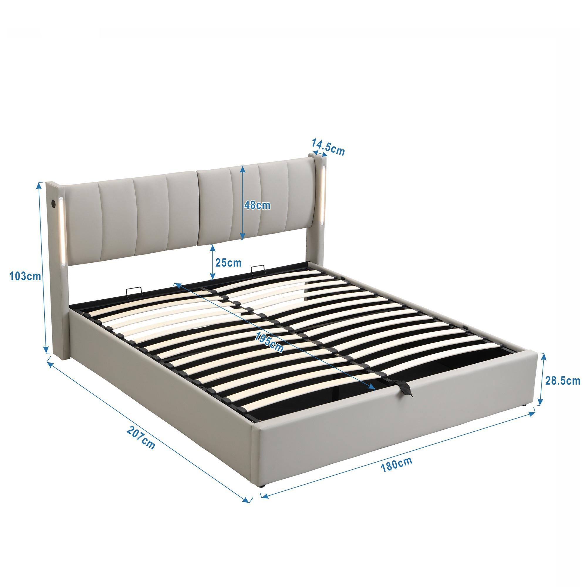 Lit Multifonctionnel LED avec USB Rechargeable, 180*200cm, Éclairage LED et Tête de Lit Réglable en PU Étanche, Lit Hydraulique avec Rangement - 9