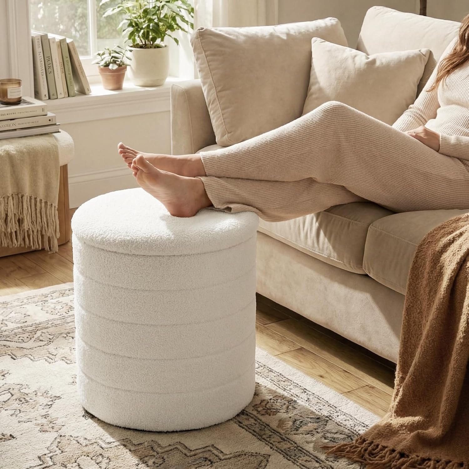 WOLTU Tabouret de Rangement Rond avec Couvercle Amovible, Repose-Pieds Pliable, en Tissu Polaire, Ø40,5 x H43 cm, Blanc - 3