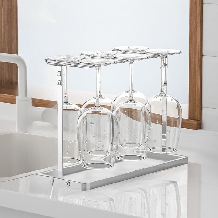 Stojak na kieliszki do wina ze stali nierdzewnej, wiszący uchwyt na kieliszki, 39×16,5×28 cm – biały, mieści kieliszki do szampana i kieliszki