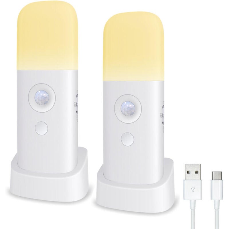 Lampka nocna z czujnikiem ruchu, zestaw 2 sztuk, akumulatorowa, bezprzewodowa lampa ścienna, idealna do szaf, kuchni i sypialni.