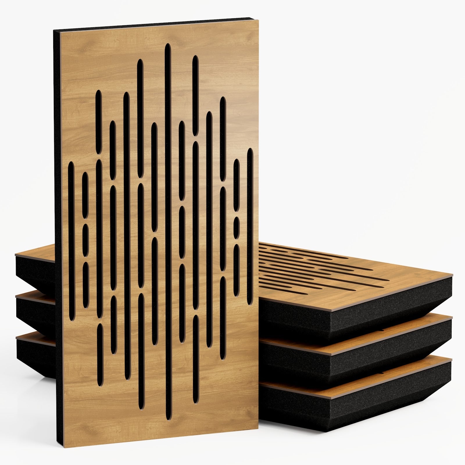 Lot de 4 Panneaux acoustiques étroits insonorisants WAVE 50x25x3 cm -0,5 m² surf.totale -MDF perforé laminé et mousse acoustique -Chêne - 2