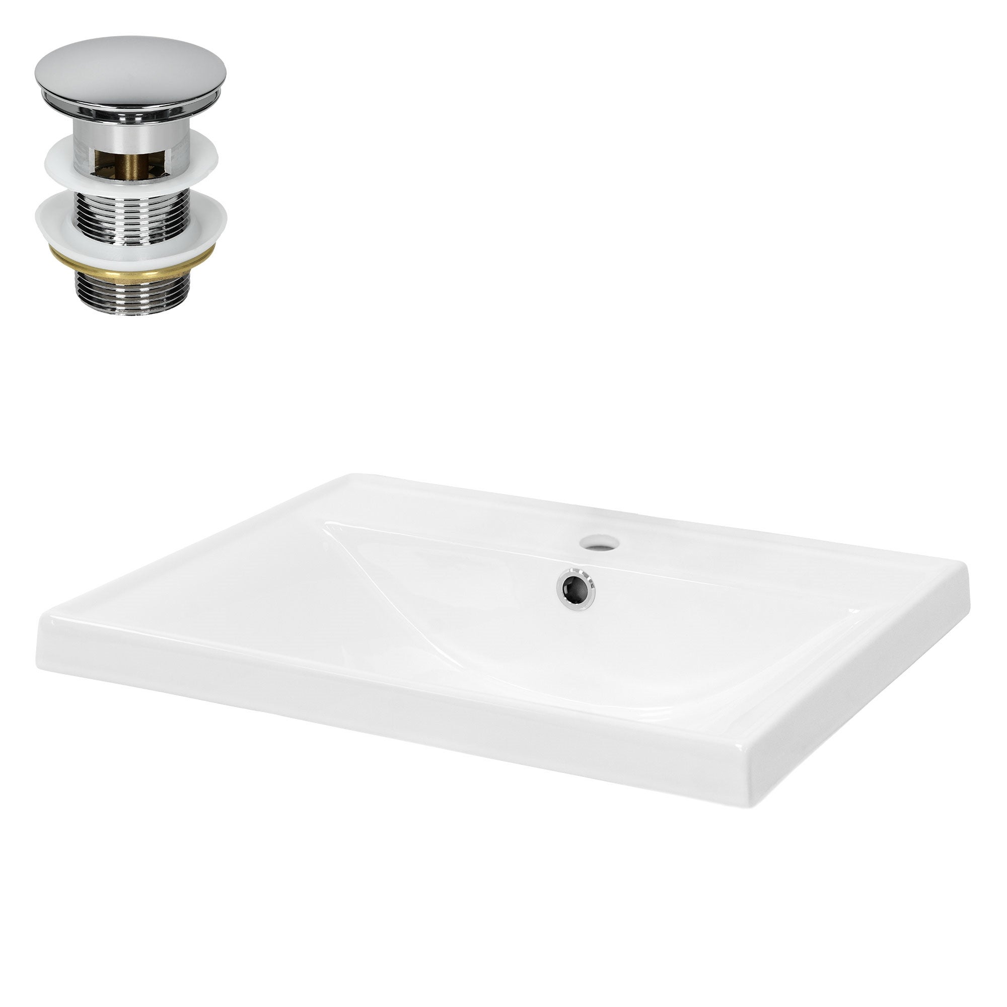 Lavoar de baie LuxeBath, 51x41,5x15,5 cm, din ceramica, patrat, cu ventil pop-up cromat, orificiu pentru baterie, chiuvetă incorporabila in blat, alb