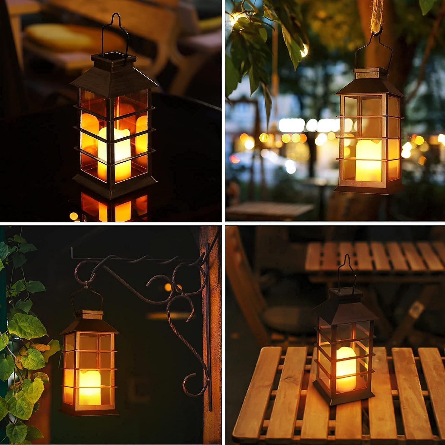 Conjunto de 2 lanternas solares de jardim para exterior com vela LED oscilante, luminárias suspensas à prova d'água IP44 para varanda. - 5