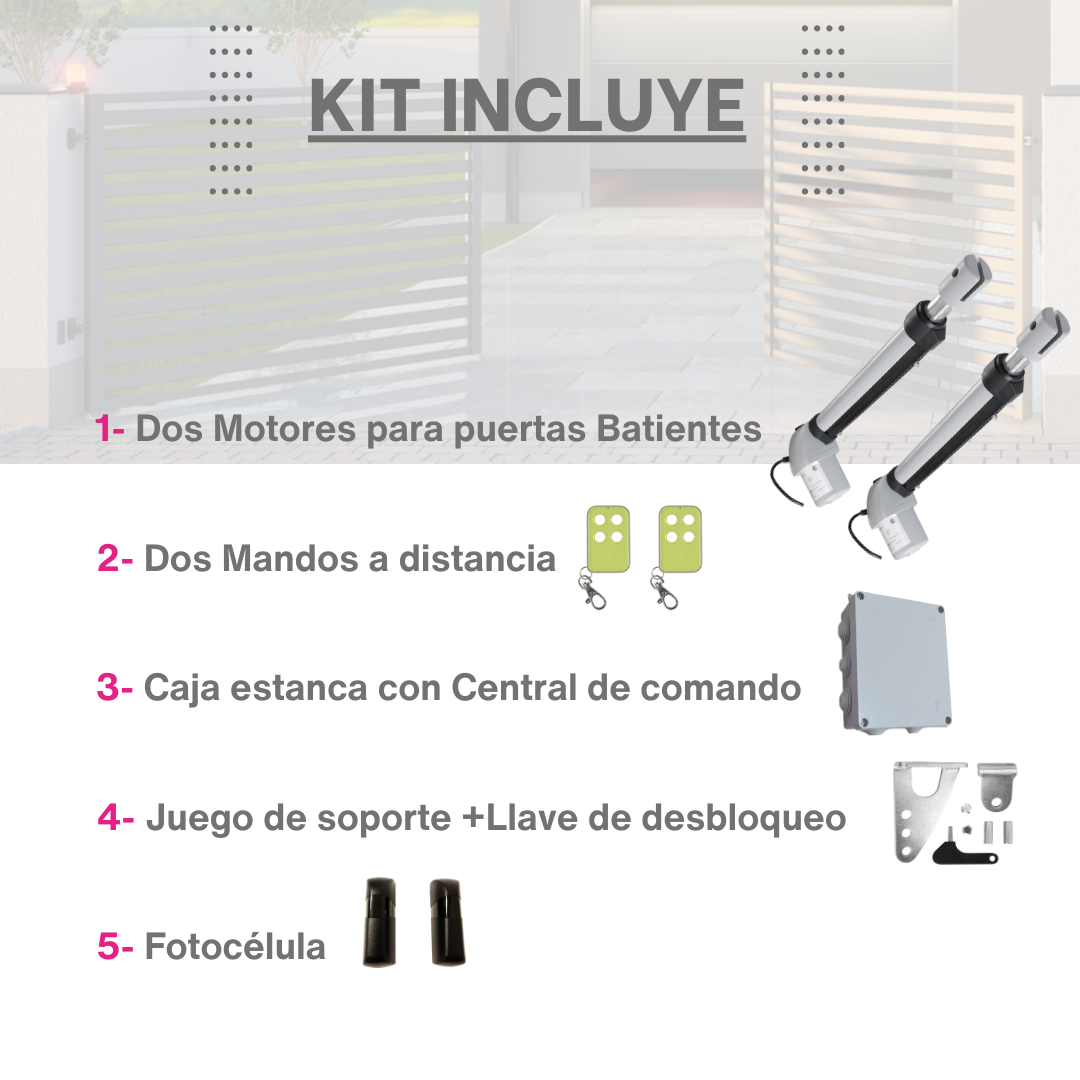 Motor Puerta Batiente 2 Hojas - Motores para Puertas Abatibles - Puertas de Garaje - Kit Incluye 2 mandos a Distancia + fotocelulas. Domo 4G Motic - 2