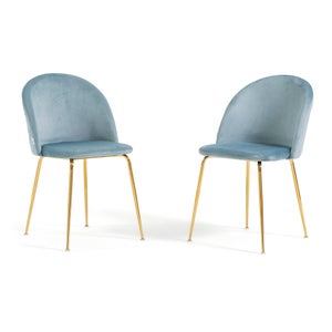 Lot de 4 chaises de salle à manger bleu en velours dossier demi-coque pied doré