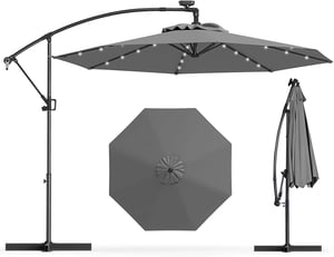 Parasol Déporté 3M avec 32 LED Solaires, Parasol de Jardin 8 Baleines avec Tissu Protection Solaire, Parasol Inclinable Rotatif à 360° (Gris)