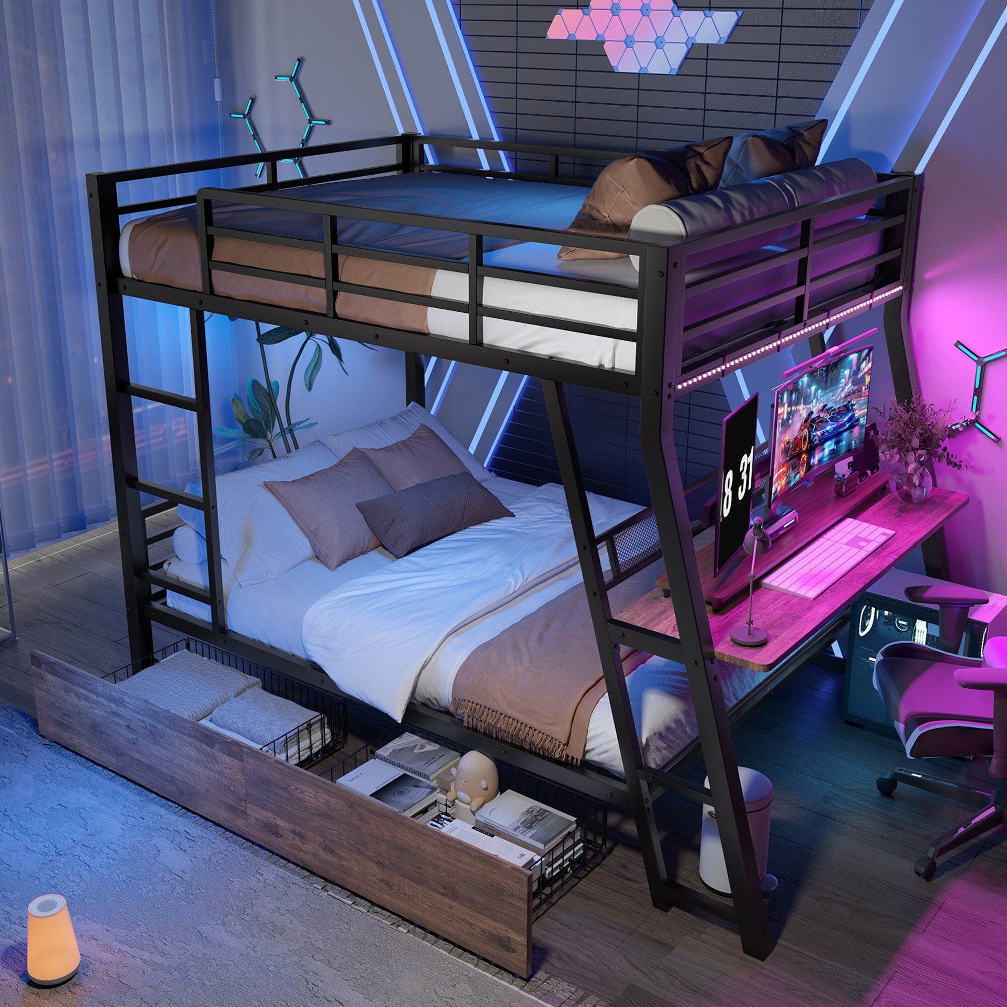 Lit Superposé 4 Places 140x200 Métal Noir avec LED,Tiroirs de rangement,Bureau,Escalier et Sommier à Lattes,Lit Enfant Mezzanine(Sans Matelas) - 5