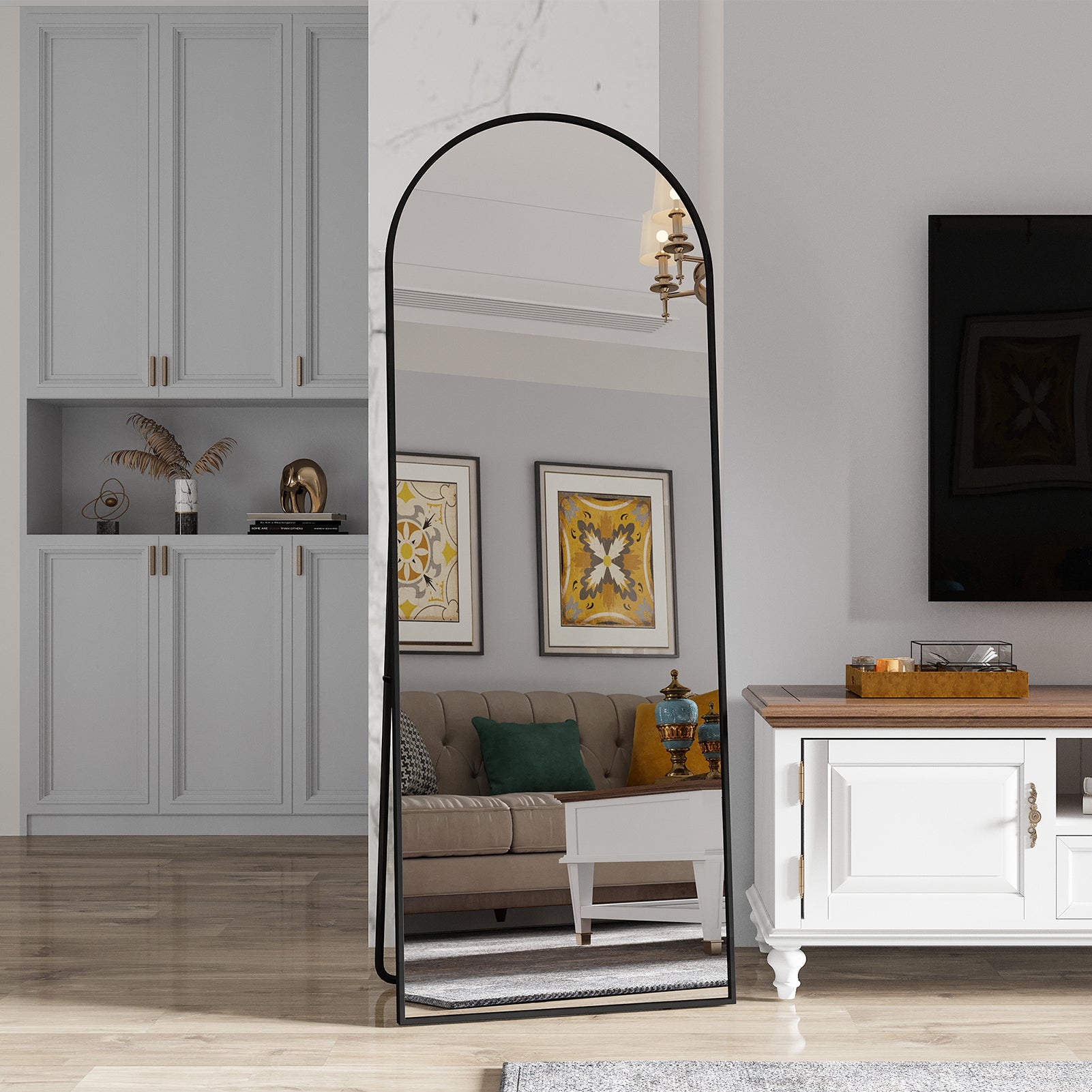 Miroir sur pied Arqué 162 x 53cm, Grand Miroir Intégral avec Cadre en Alliage d’aluminium et Verre Trempé pour Chambre, Salon, Noir - 4