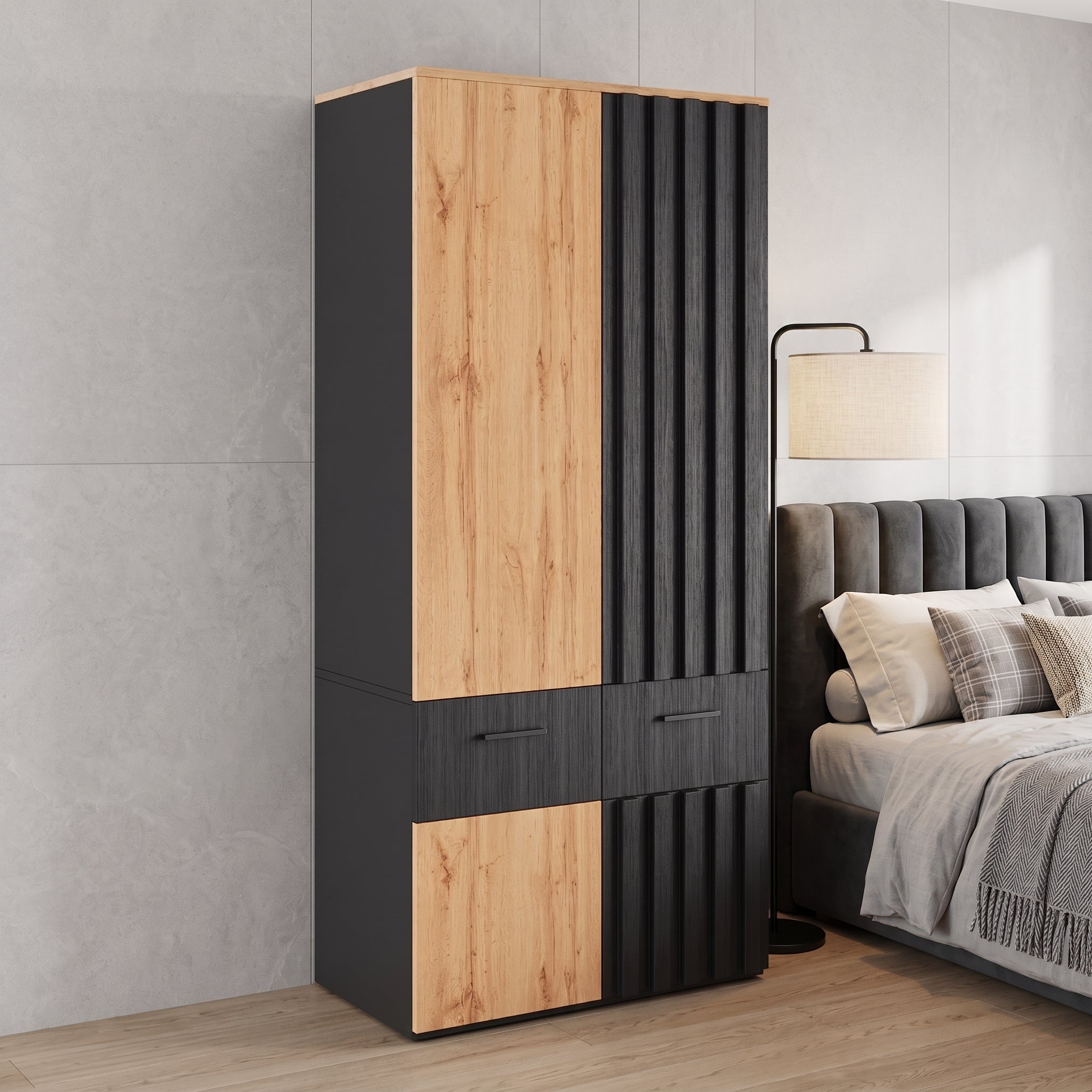 Dulap glisant 90x200cm - Unitate de depozitare modernă cu 1 șină de agățat, 2 sertare și 2 rafturi - Negru și natural
