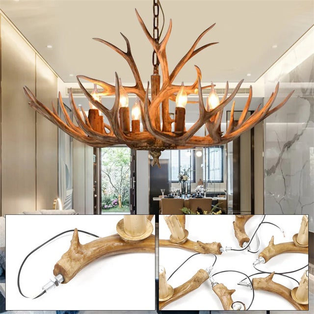 Lustre LED vintage en bois de cerf marron clair, style rétro, en résine, montage au plafond, suspension à chaîne