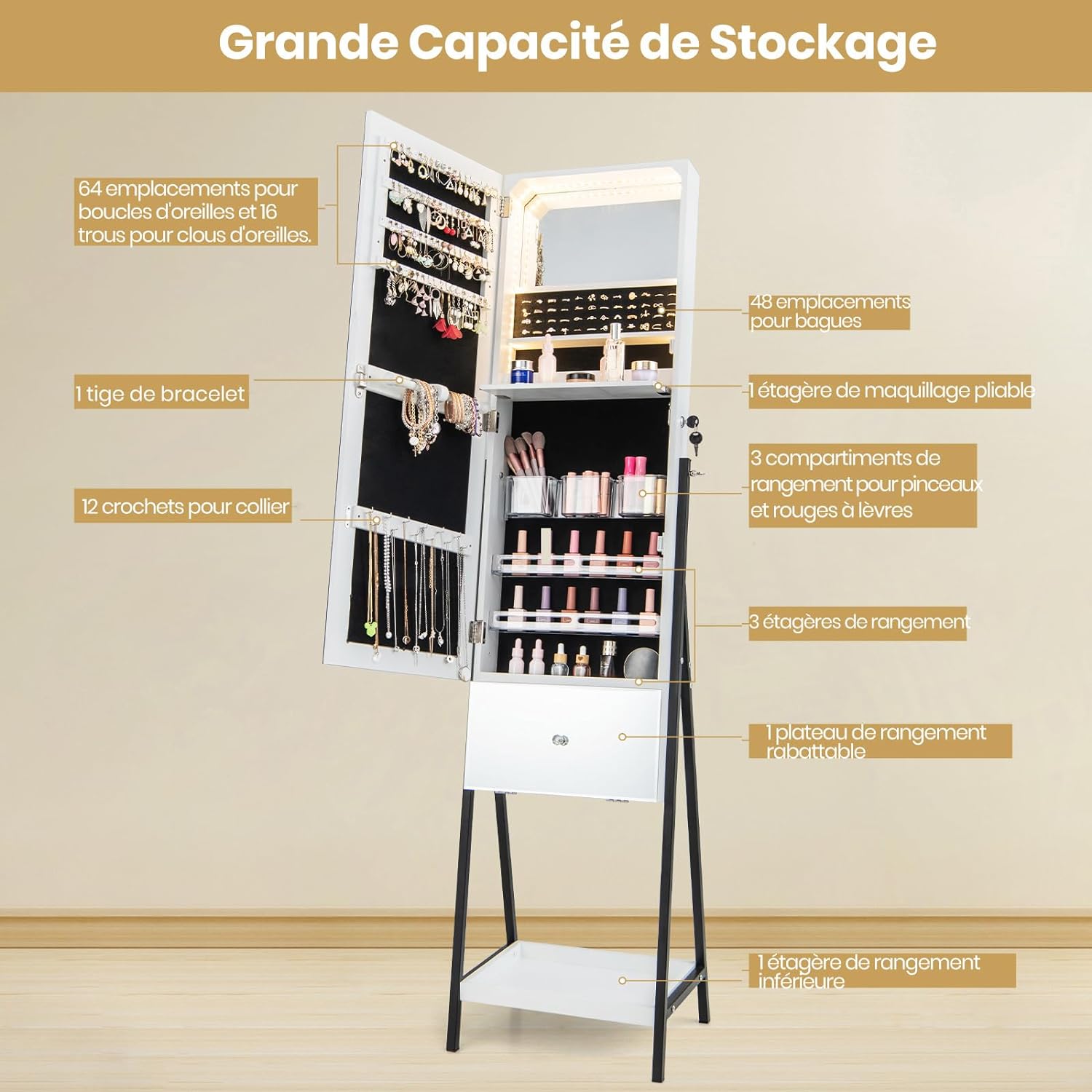 Armoire à Bijoux sur Pied-Miroir Pleine Longueur-Lumières LED 3 Couleurs-Verrouillable-Étagère de Maquillage Pliable Blanc - 6