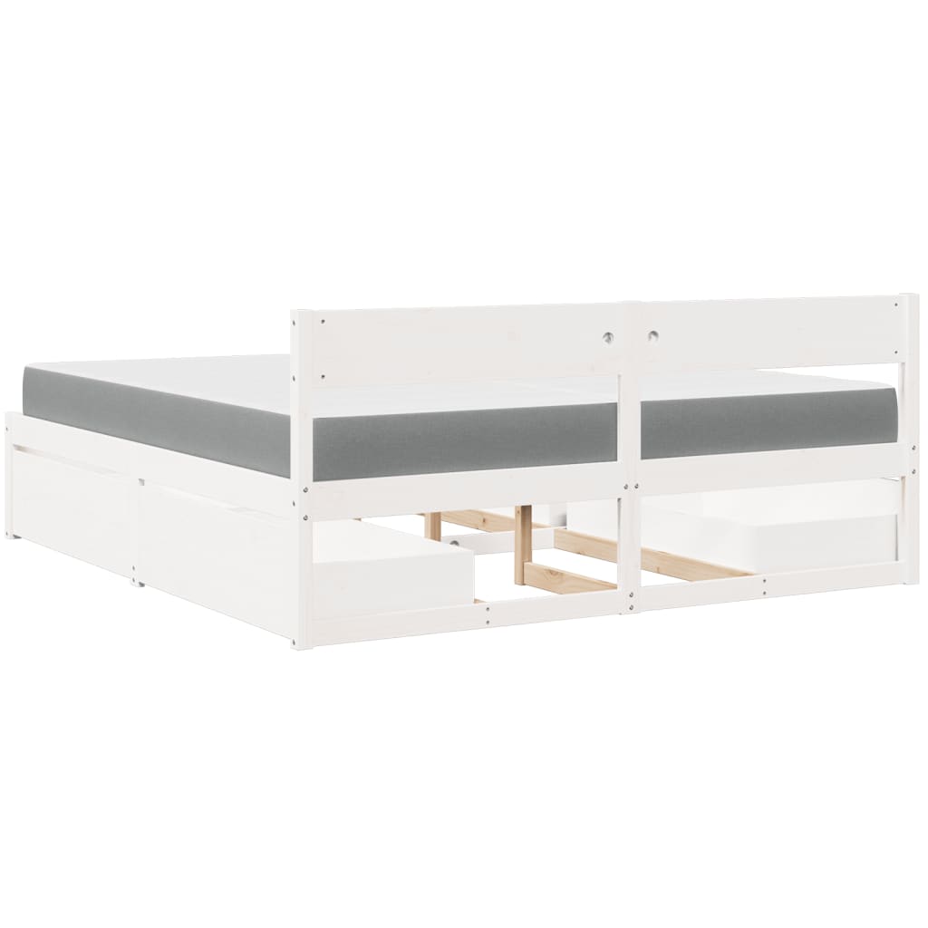 Lit avec tiroirs et matelas, blanc, en bois massif de pin, pour la chambre, 200 × 200 cm - 6