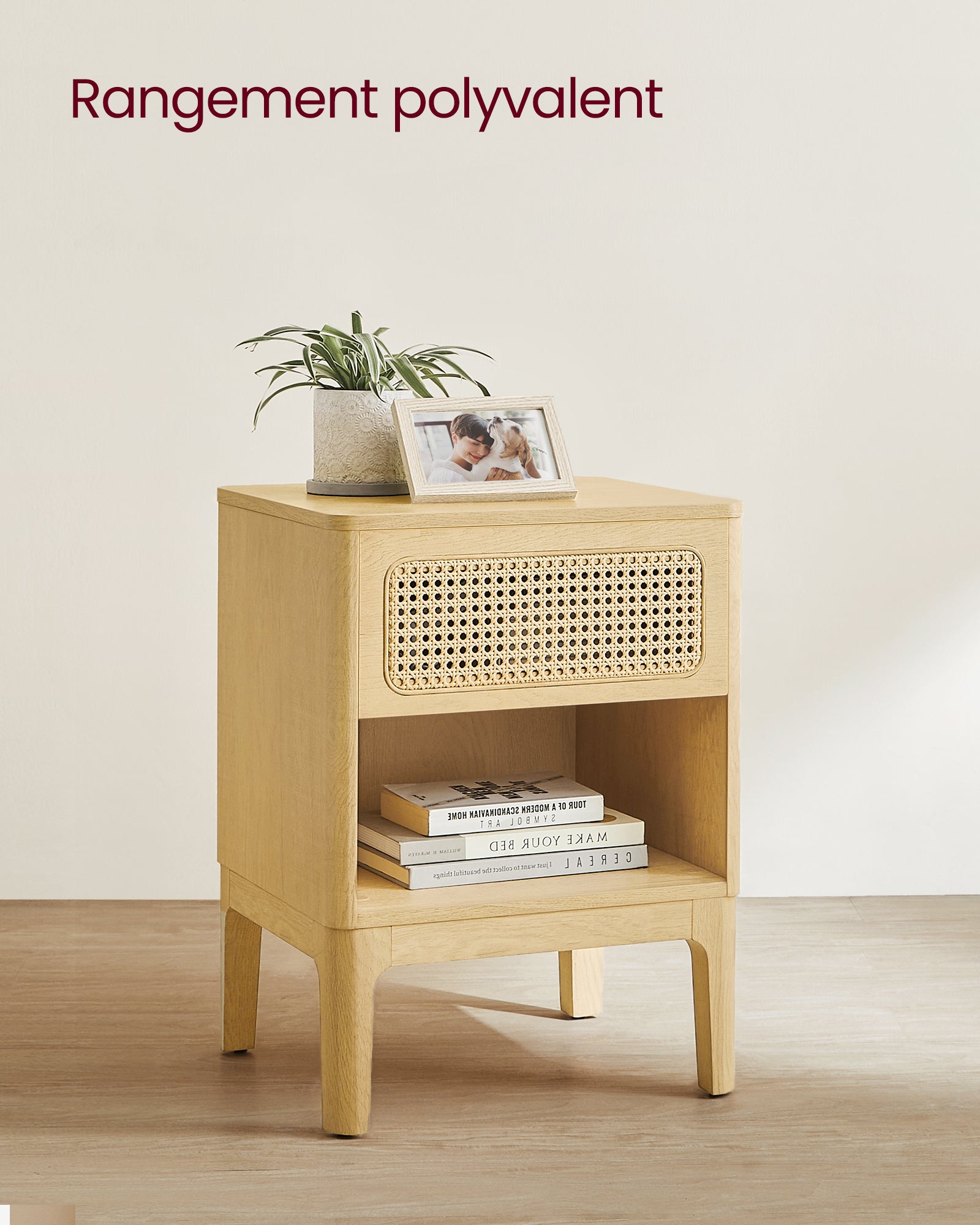 Table de Chevet en Rotin, Table d'Appoint Boho avec Tiroir, Rangement pour Chambre, Couleur Boisée - 3