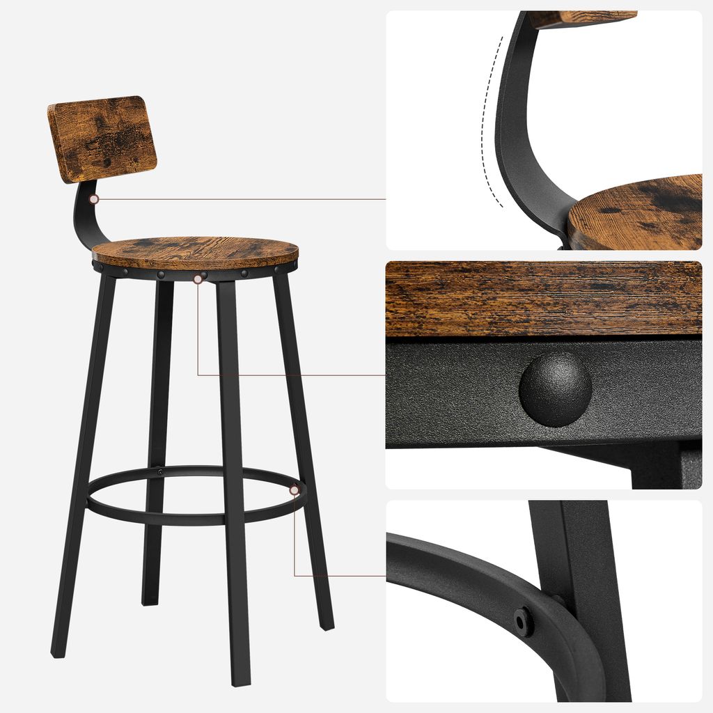 Tabouret Bar Industriel, Lot de 2, Chaises Bar Cuisine, avec Dossier, Cadre en Acier, Siège 73,5 cm de Haut,Marron Rustique et Noir d'Encre - 4