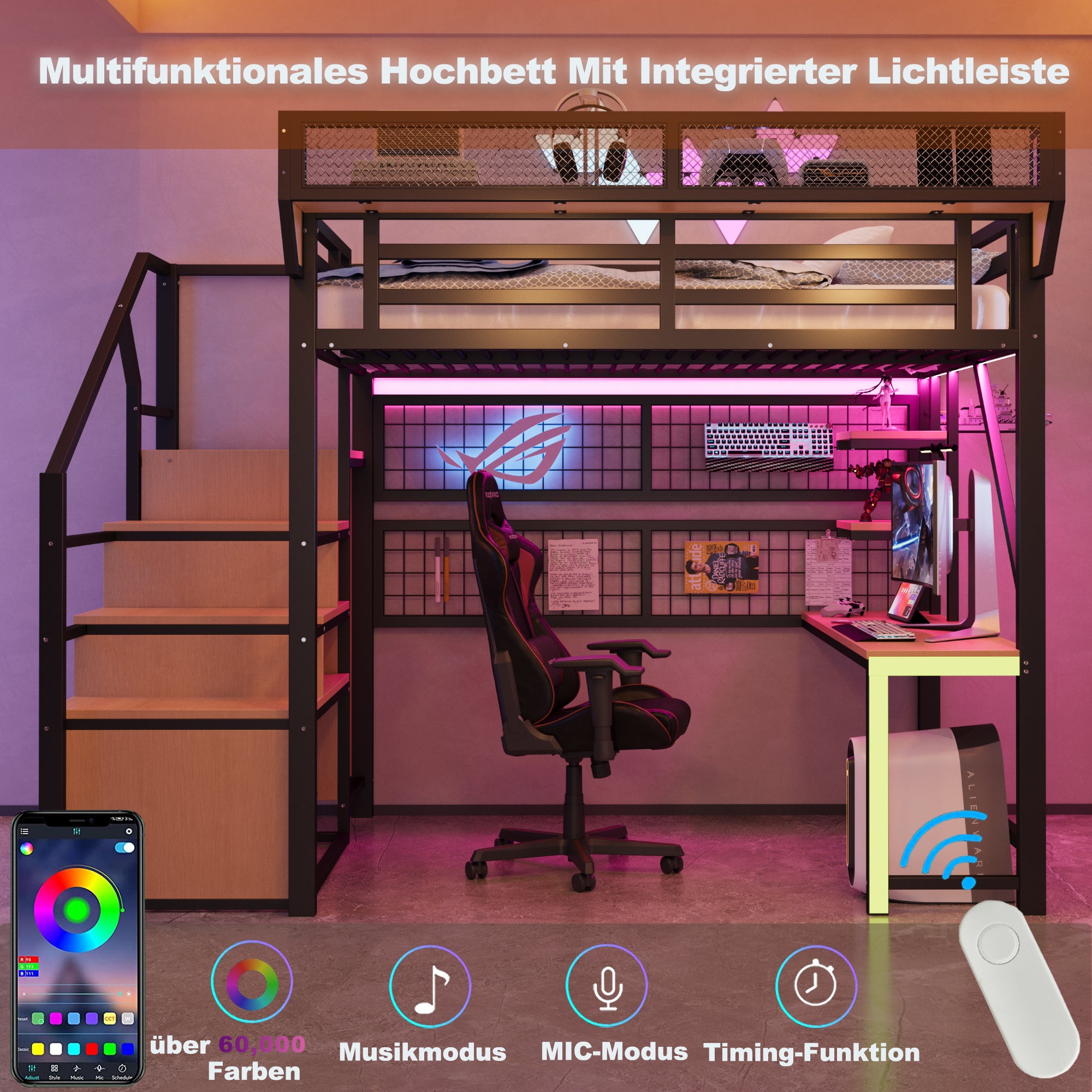 Lit Mezzanine en Métal 140x200 cm avec Bureau, Armoire et Échelle de Rangement, Lit superposé avec LED et Prises, Lit enfant Noir, Sans matelas - 5