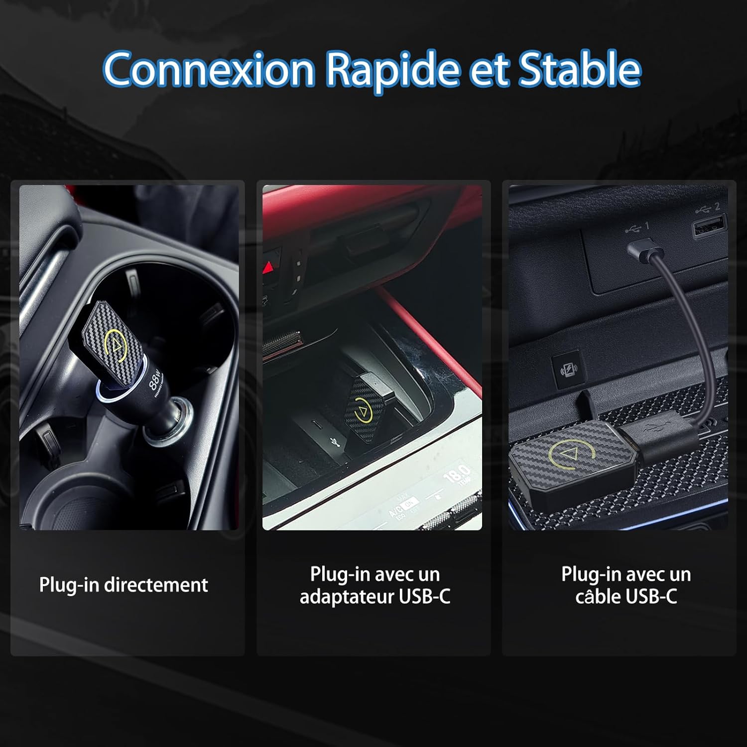 Adaptateur CarPlay sans fil avec câble d'extension USB A-C et Type-C, filaire vers sans fil, pour voitures 2016 et ultérieures et iOS 10+ - 6