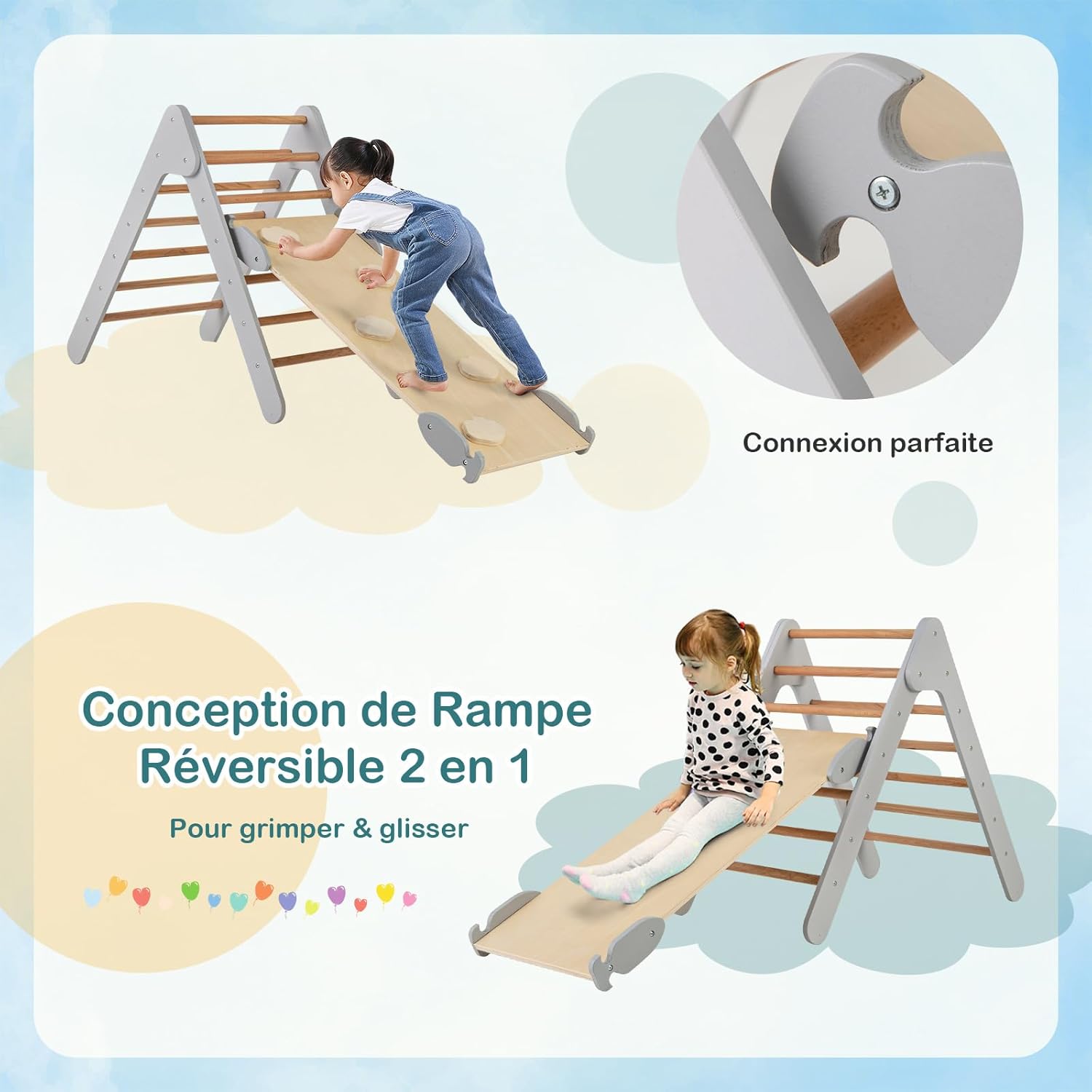 3 in 1 Arrampicata Giocattolo a Triangolo per Bambini, Set di Arrampicata con Rampa di Scivolo a 2 Lati e Inclinazione Regolabile, Arrampicato - 3