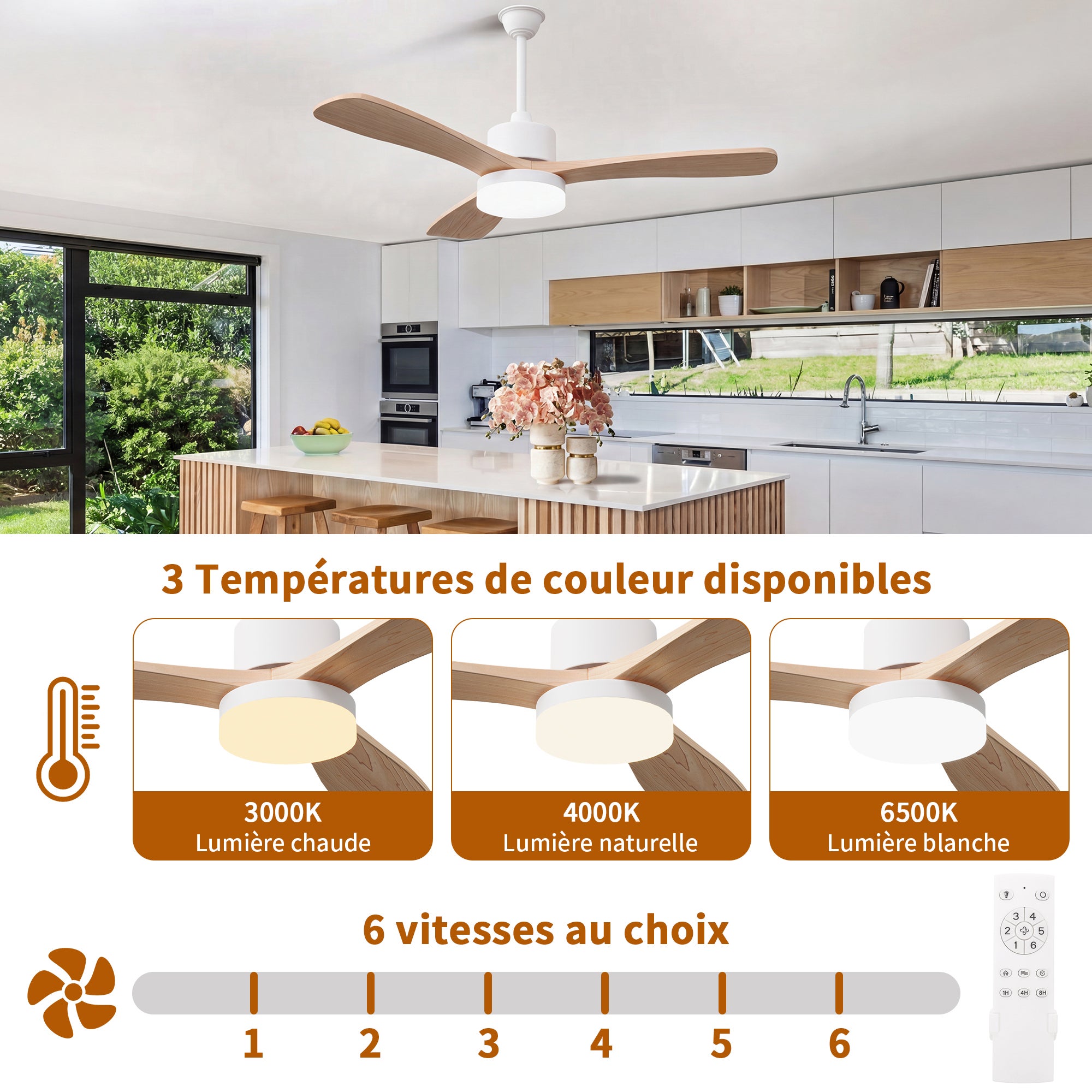 Ventilateur de plafond 2-en-1 couleur bois naturel avec éclairage LED (modèle à 3 pales de 42 pouces en bois massif), L106.6cm - 9