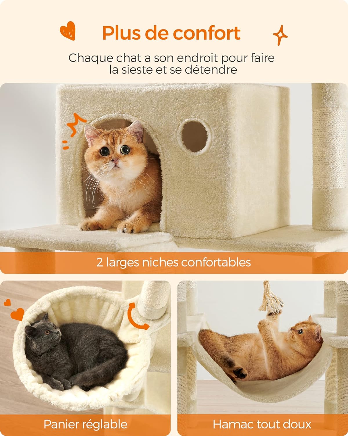 Arbre à Chat, Grande Tour de Jeux, Hauteur 206 cm, Beige - 4