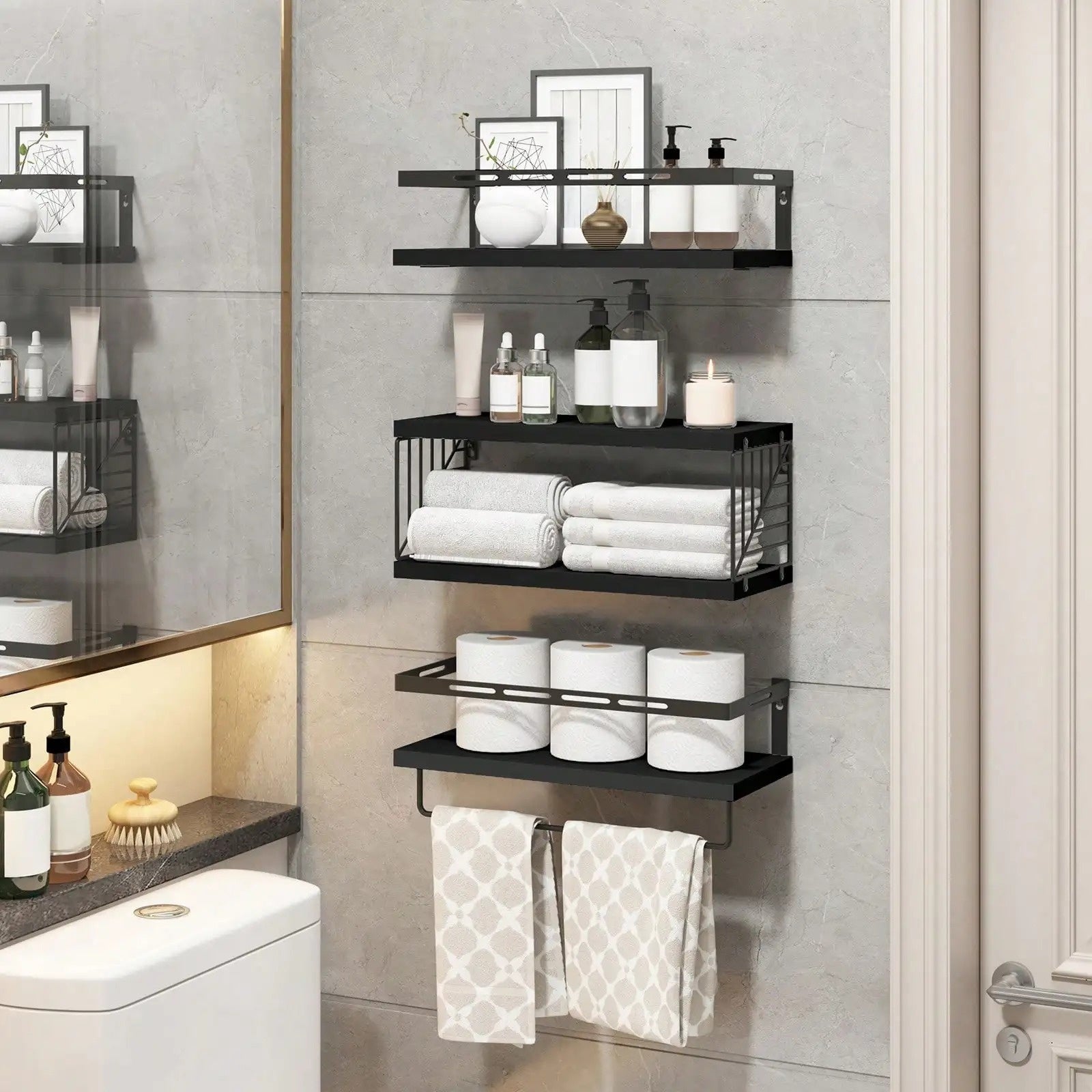 BOMCLAP Mensole da bagno a parete, mensole galleggianti rustiche nere, portasciugamani in metallo per bagno e cucina, set da 3 pezzi - 4