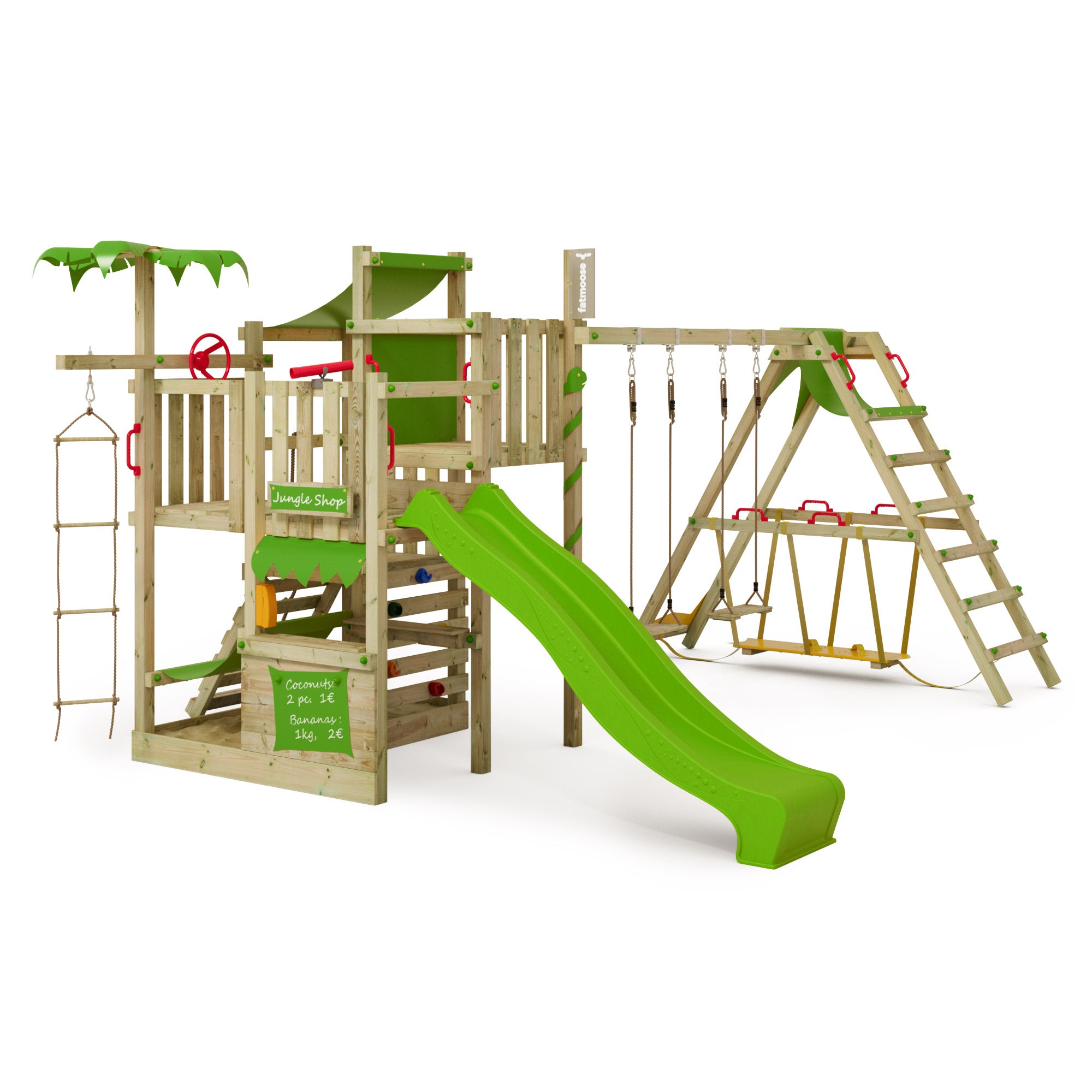 Tour de jeux bois FATMOOSE RiverRun Royal XXL avec SurfSwing, toboggan 220 cm anthracite et pont Tour de jeux bois FATMOOSE RiverRun Royal XXL avec SurfSwing, toboggan 220 cm anthracite et pont