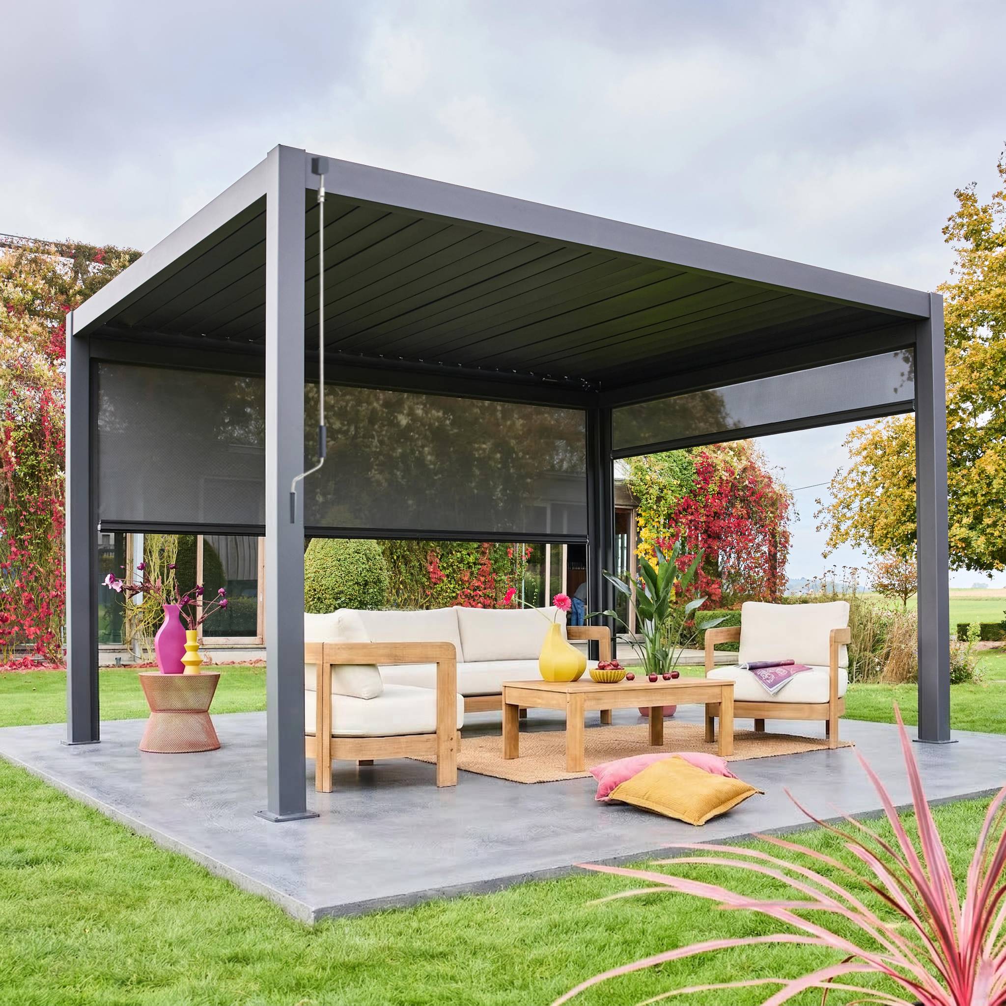 Pergola bioclimatica 3x4m in alluminio + tenda da 3m + tenda da 4m, Antracite - 6