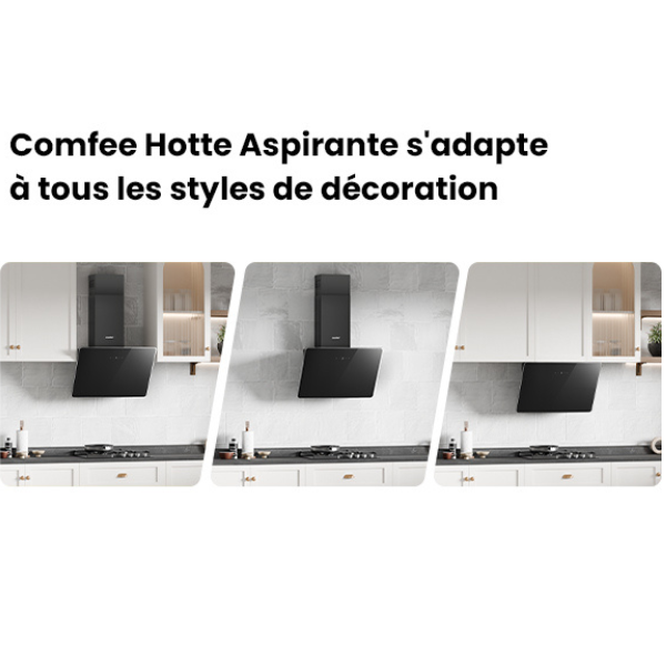 COMFEE Hotte Aspirante Inclinée 60cm - 400m³/h - Commandes Sensitives - 3 vitesses - 2 Filtres à Charbon - Verre Noir - 8