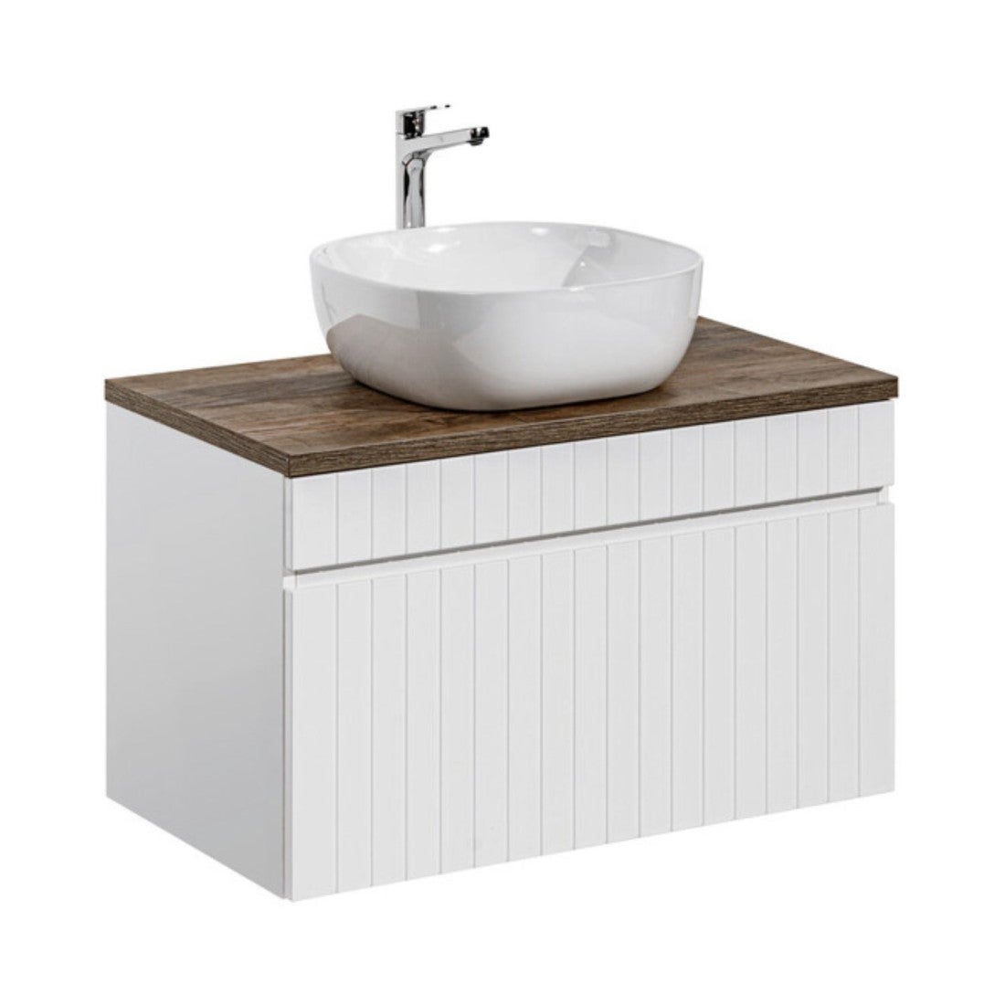 Conjunto icon blanco: mueble bajo lavabo 80cm + encimera con aspecto de madera oscura + lavabo sobre encimera blanco