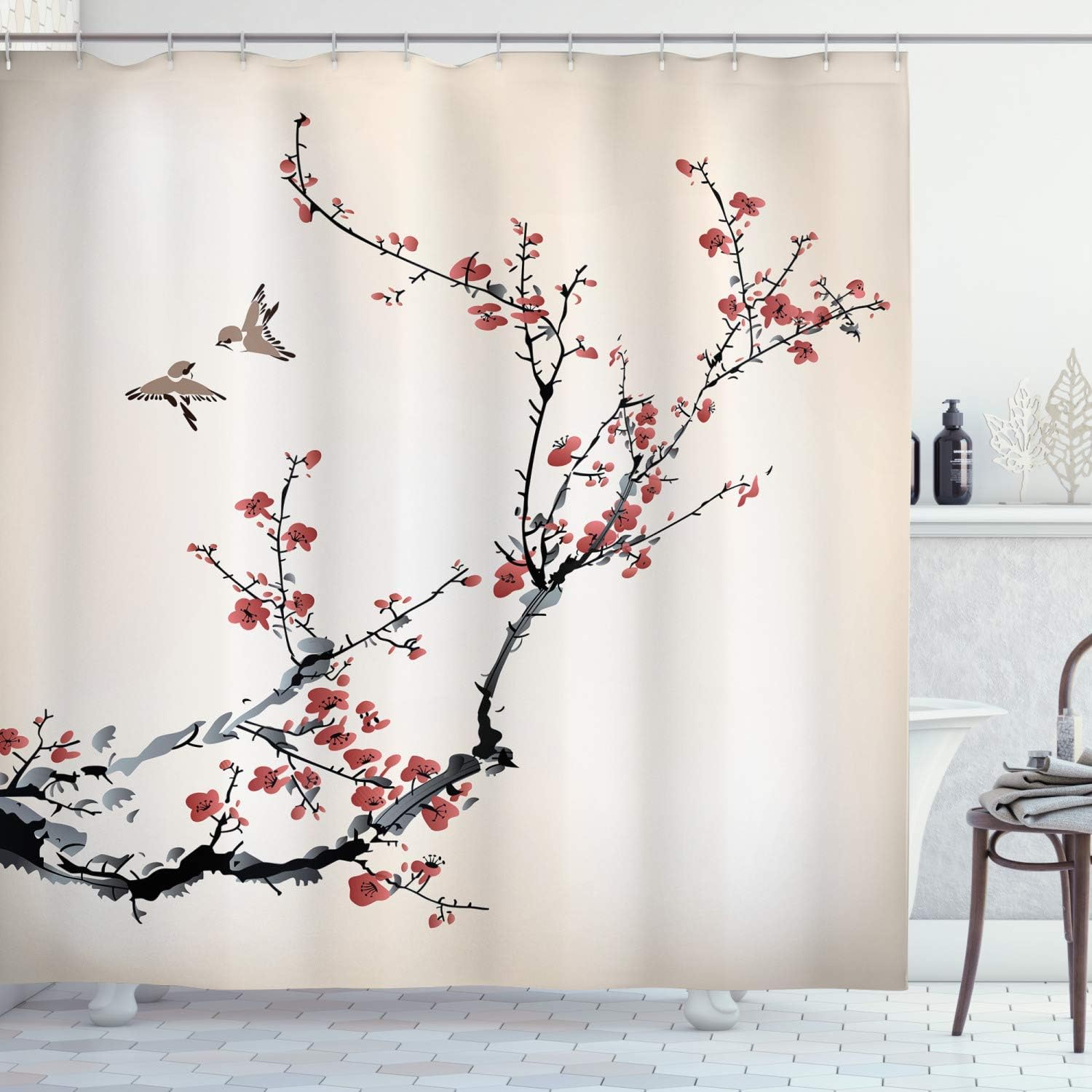 Zasłona prysznicowa z motywem natury, ptaki w stylu artystycznym, zestaw dekoracyjny do łazienki z haczykami, 180 cm x 180 cm, czarno-burgundowa