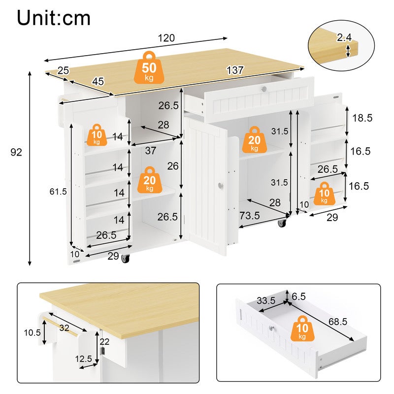 Îlot de cuisine mobile avec 1 tiroir,Chariot de cuisine avec plateau rabattable, Table de bar avec 3 étagères avec portes,Blanc 120×45-70×92 cm - 5
