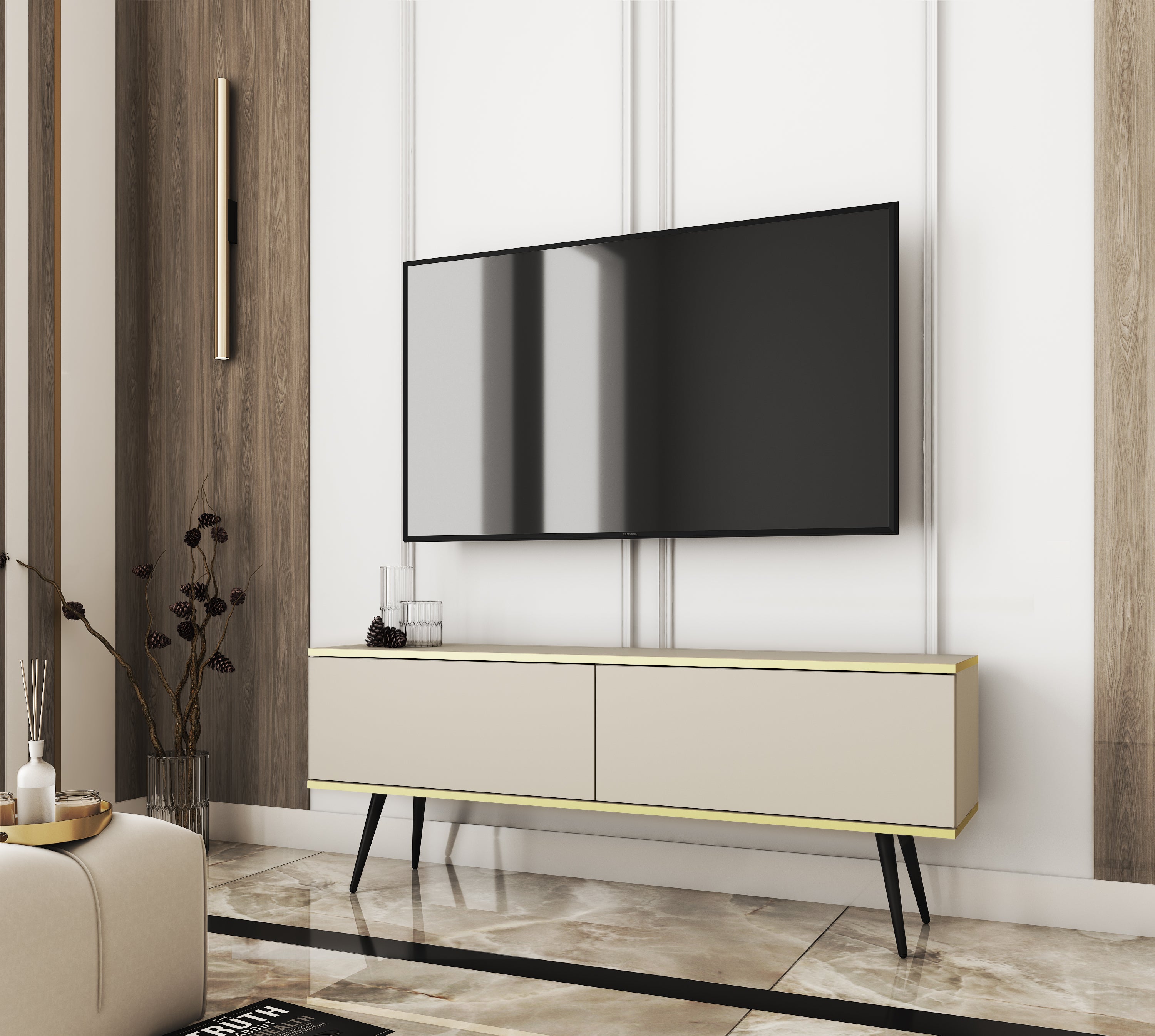 Szafka RTV, beżowy, czarne nogi, 135 x 30 x 52 cm, otwierany na wcisk - 2