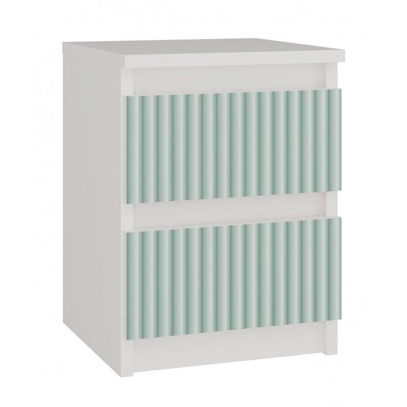 Szafka Nocna 2 Szuflady Biała z Zielonym Wzorem – 40x30x30 cm – Szuflady na Cichych Prowadnicach – Elegancki i Bezpieczny Design