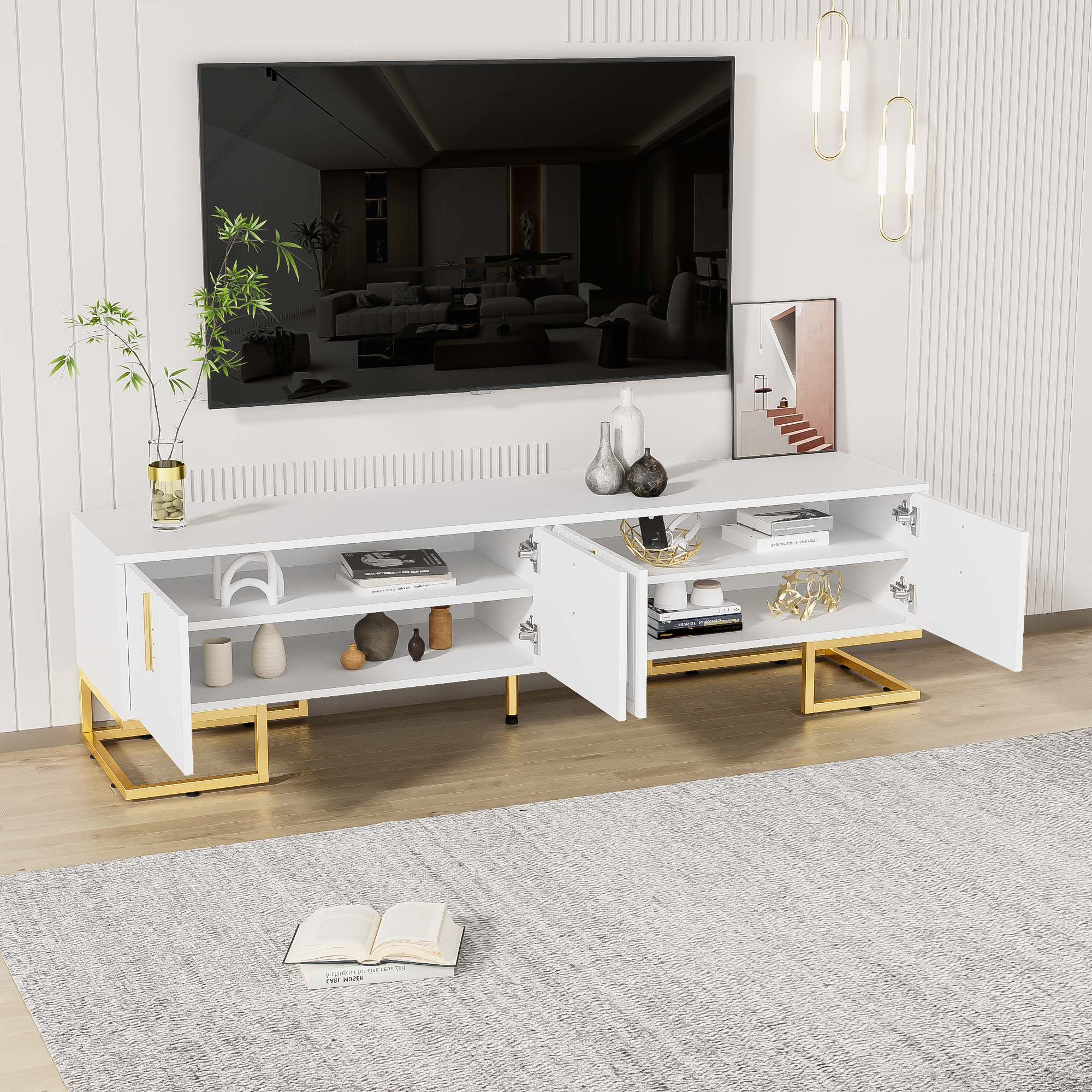 Stilvora  Mueble De Tv De 170 Cm Con 4 Puertas Texturizadas, Tiradores/Patas Tablero De Partículas, Dorados/Blanco , Leroy Merlin