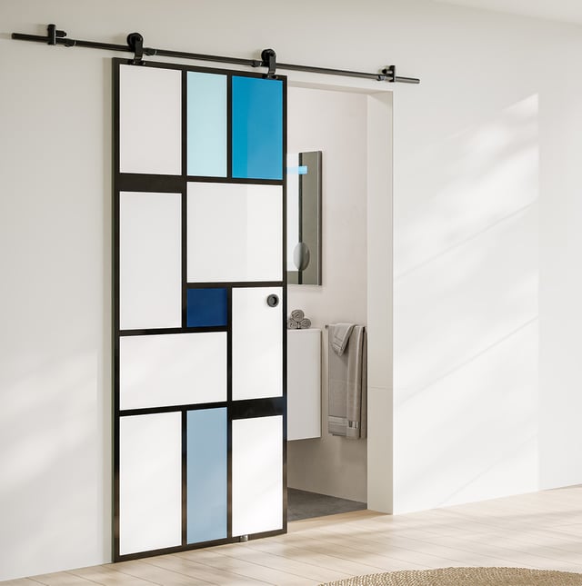 KIT Porte coulissante en verre + Rail coulissant apparent - MONDO OPAQUE BLEUE - H. 204 x L. 83 - Fabrication Française AURYS NORMANDIE