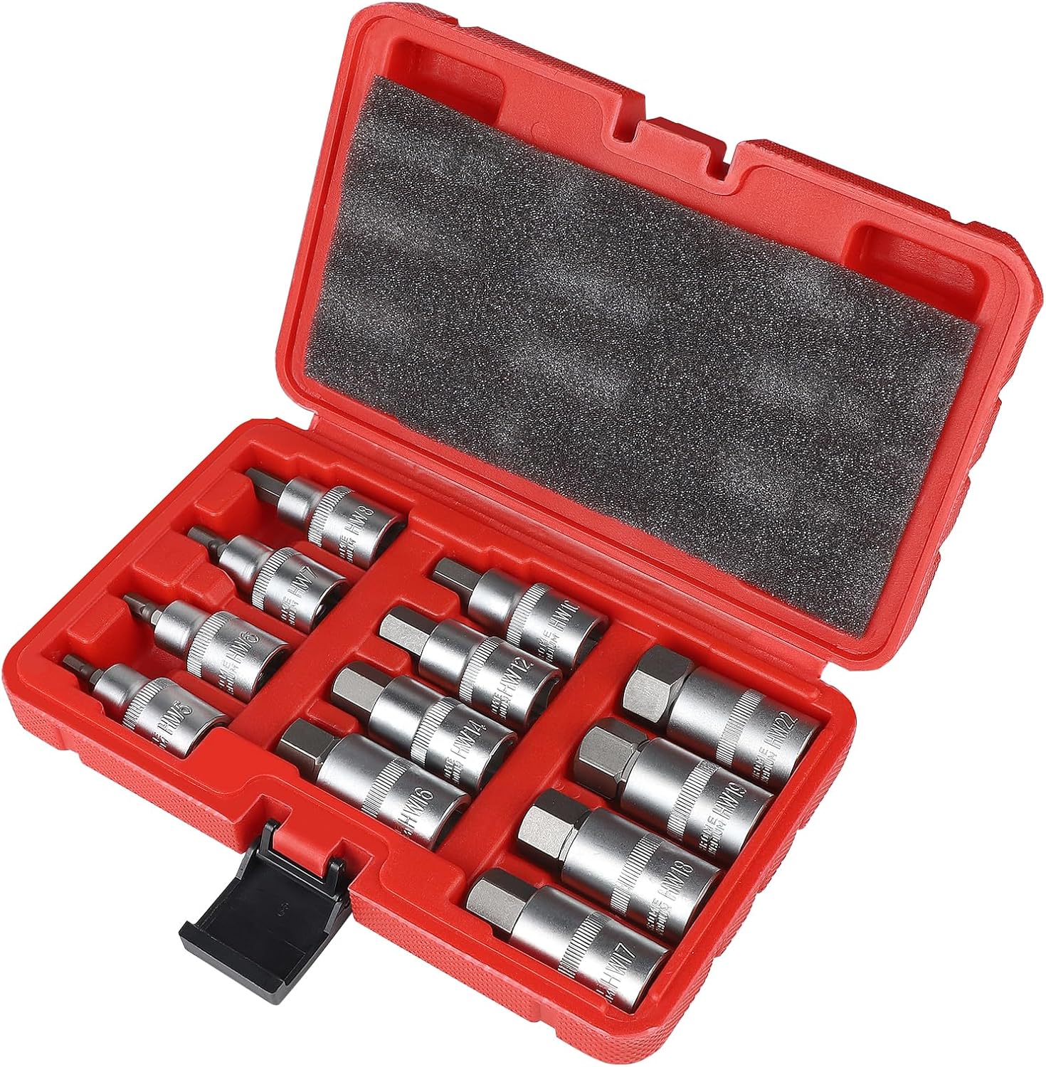 Zestaw 12 nasadek imbusowych 1/2", nasadek sześciokątnych 5, 6, 7, 8, 10, 12, 14, 16, 17, 18, 19, 22 mm, w plastikowym etui, do wkrętarki udarowej