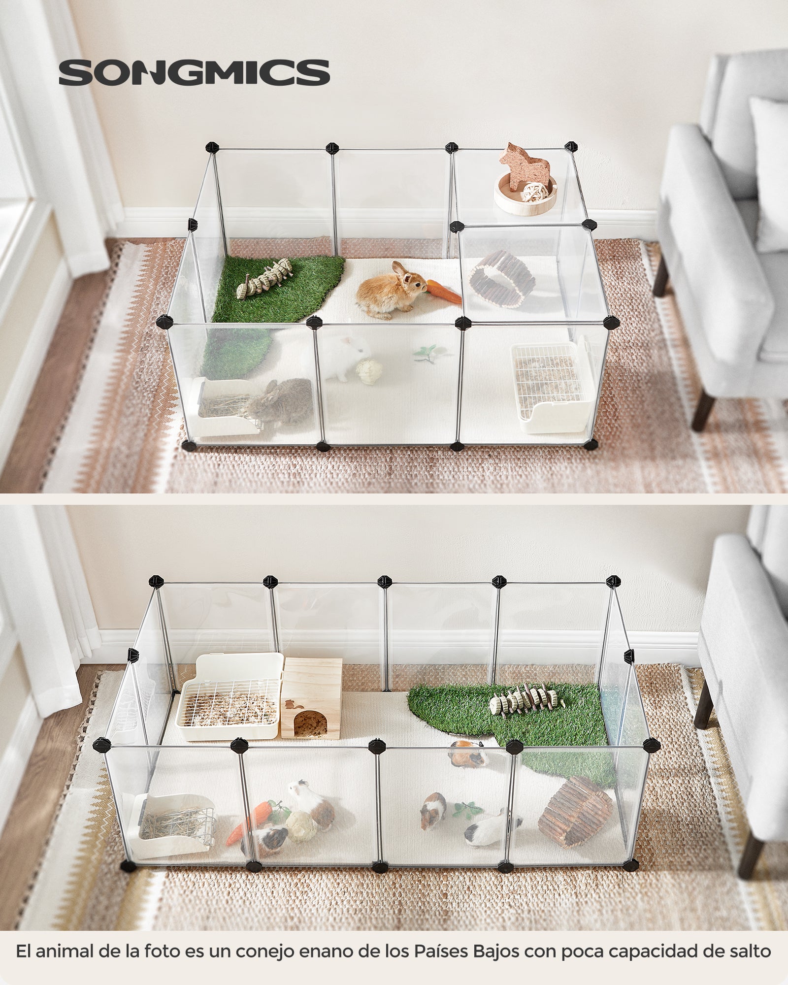 Valla para Mascotas, Parque para Cobayas con Suelo, Recinto Interior de Plástico Transparente, 125 x 63 x 42 cm, Blanco - 2