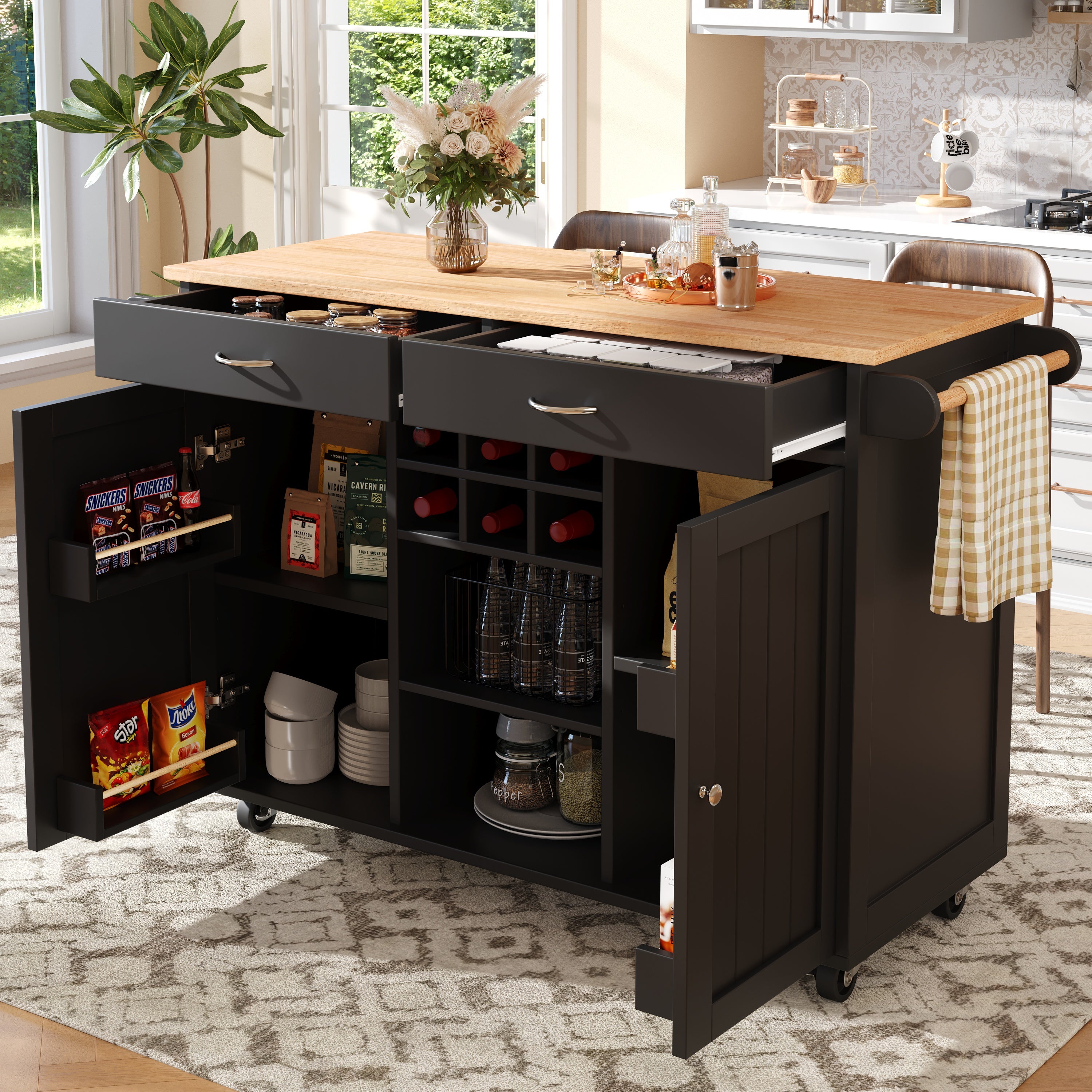 Isla de cocina móvil con 2 puertas, 2 cajones y botellero para 6 ...