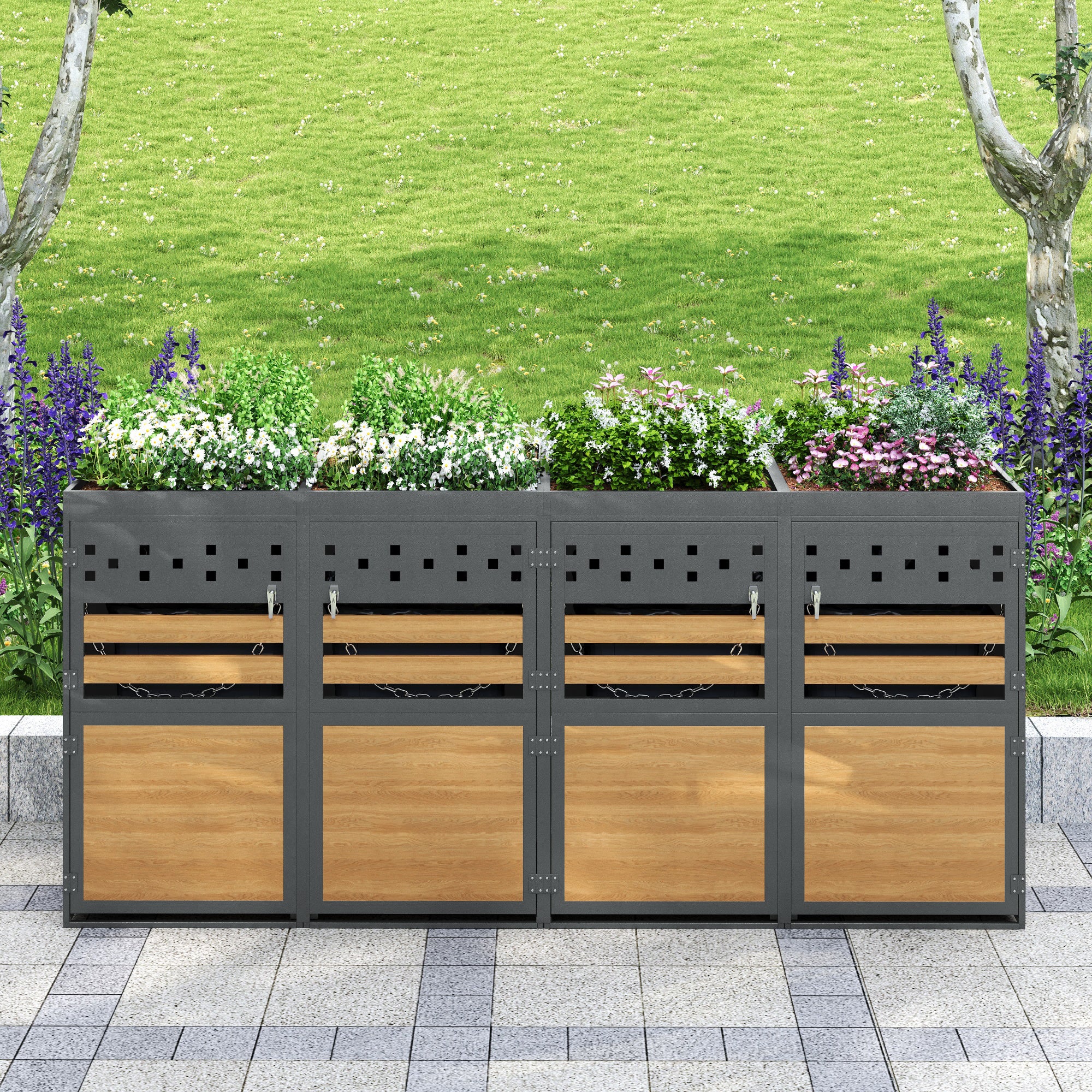 Wiata na 4 pojemniki na śmieci z zielonym dachem - 264 x 80 x 125 cm - Stal ocynkowana - Szary + Naturalny